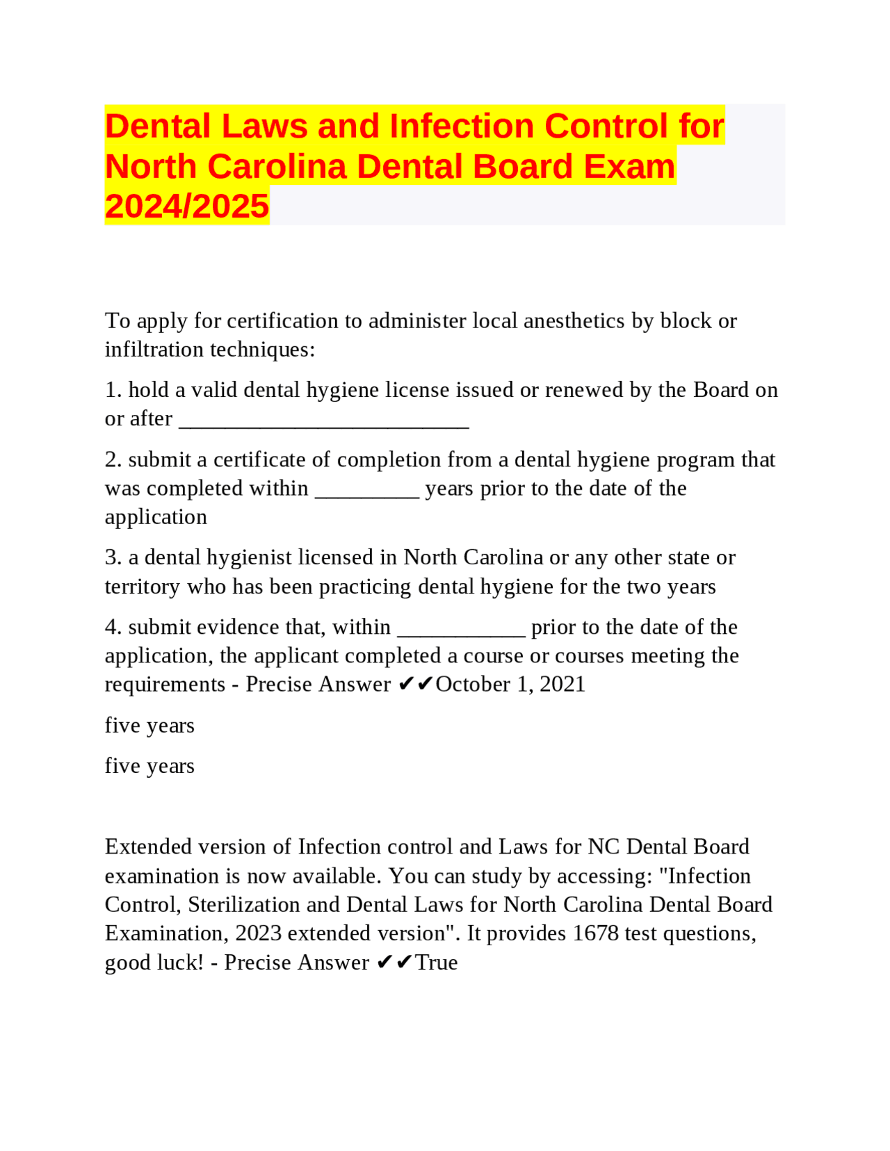 Dental Laws and Infection Control for North Carolina Dental Board Exam
