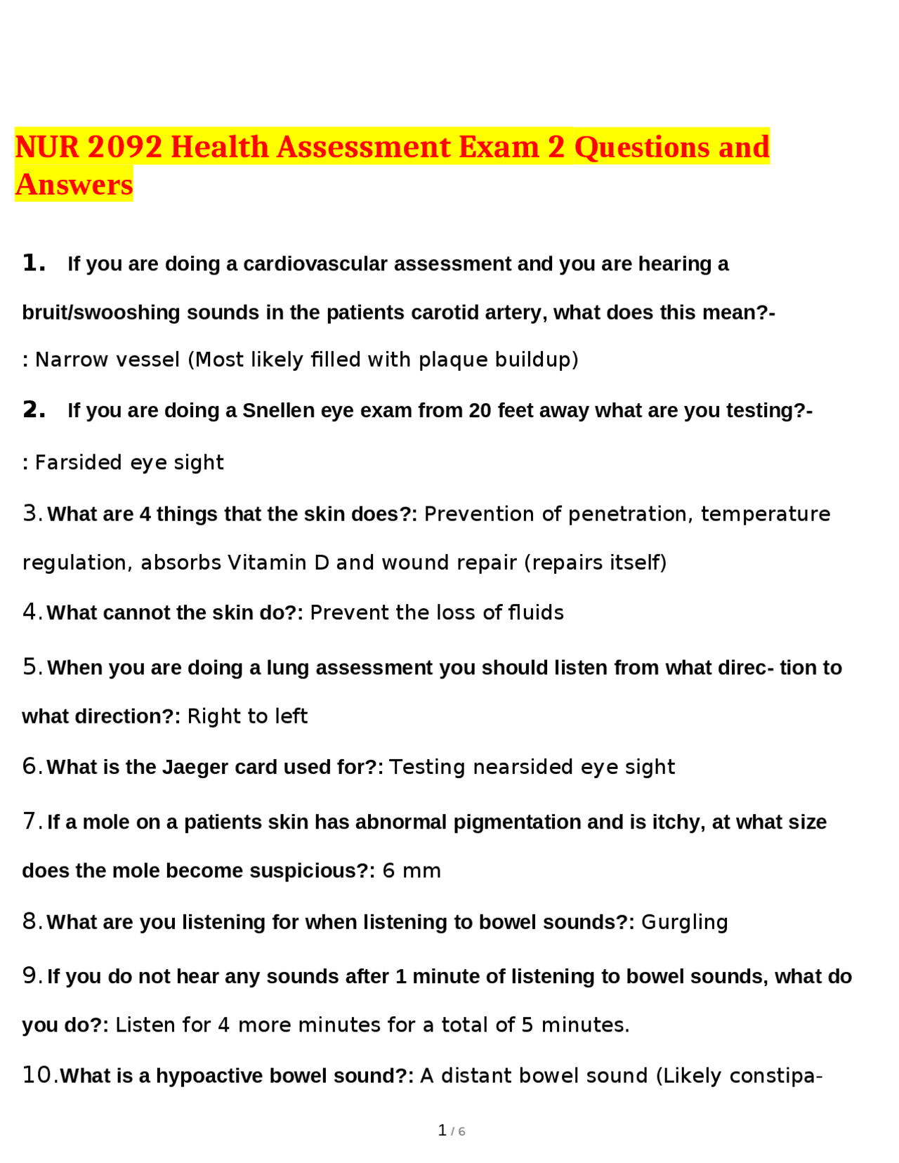 NUR 2092 Health Assessment Exam 2 Questions and Answers | Exams Nursing ...