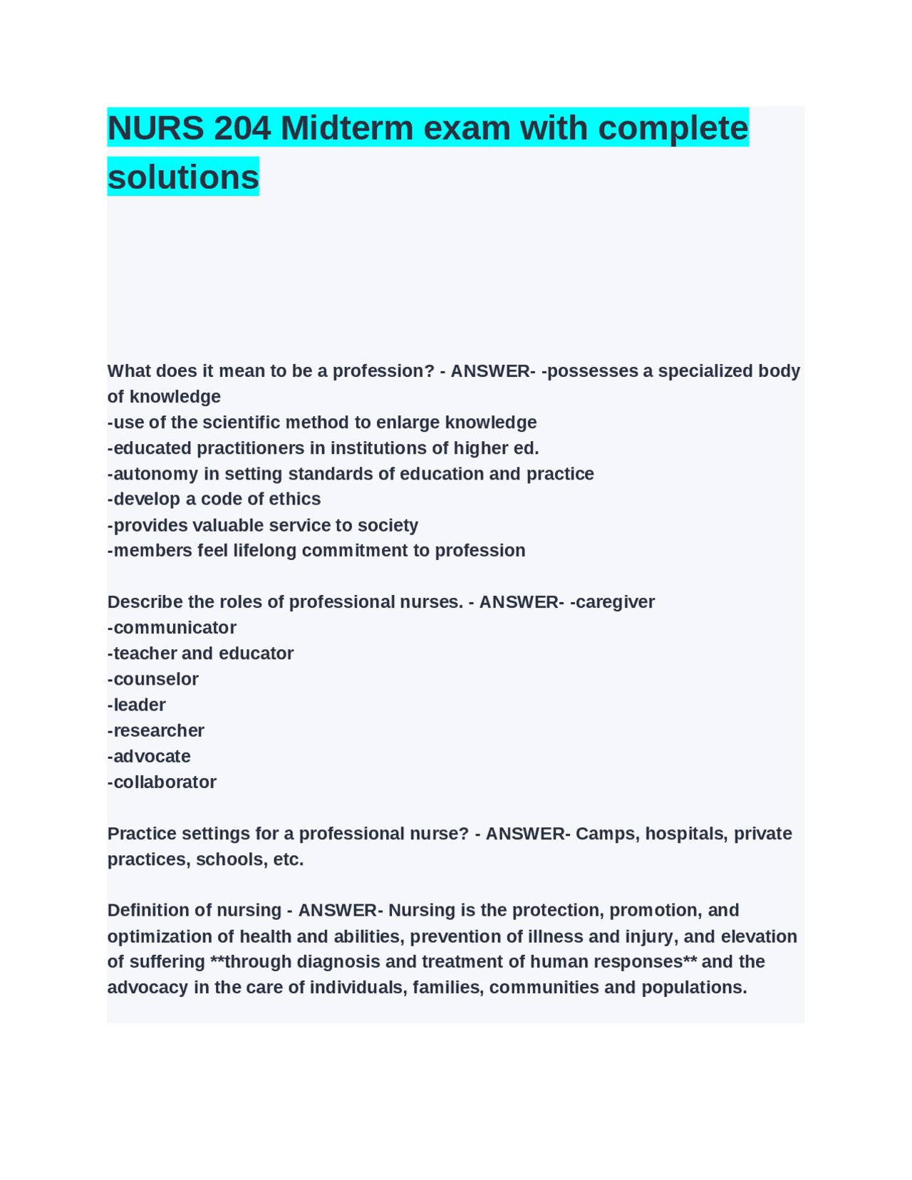 NURS 204 Midterm exam with complete solutions | Exams Nursing | Docsity