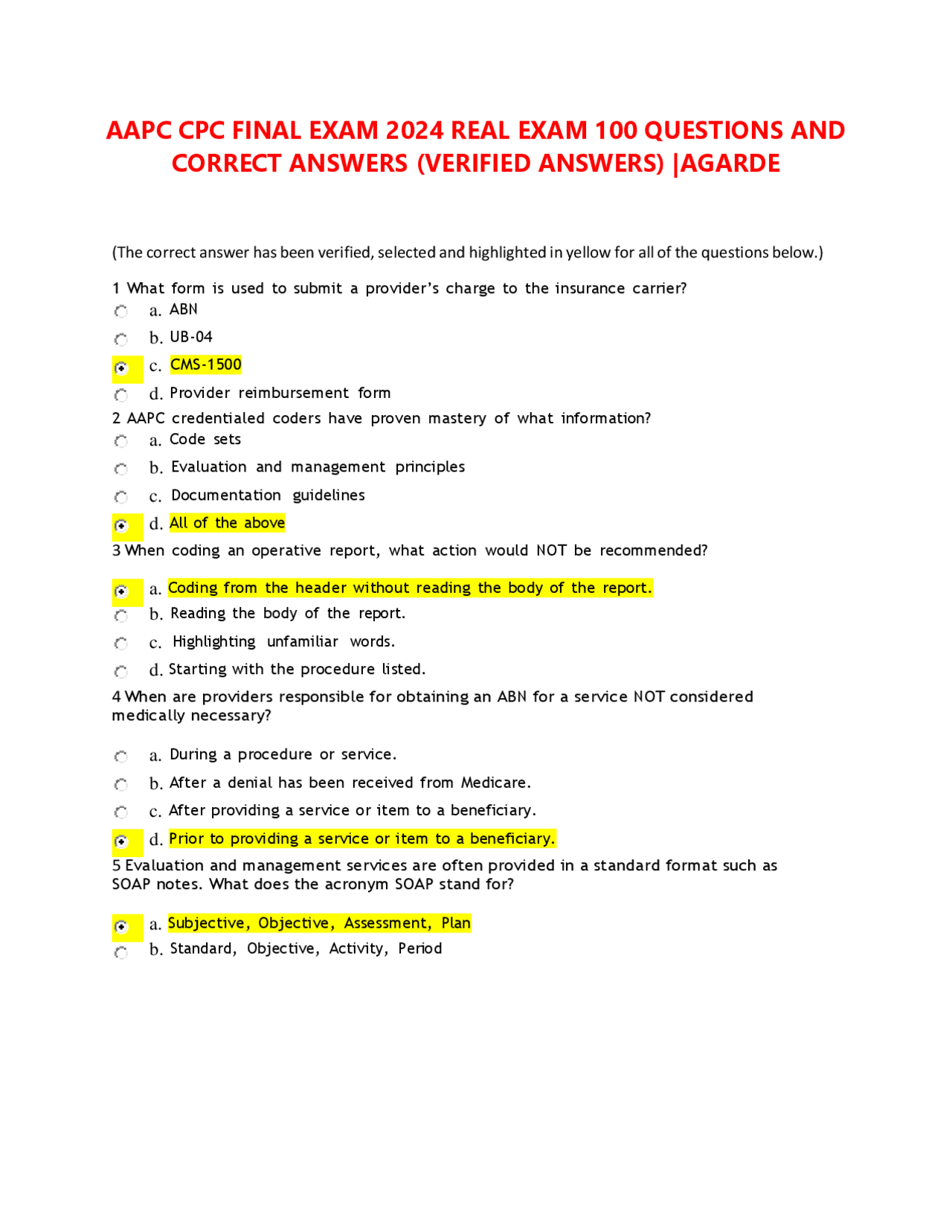AAPC CPC FINAL EXAM 2024 REAL EXAM 100 QUESTIONS AND CORRECT ANSWERS