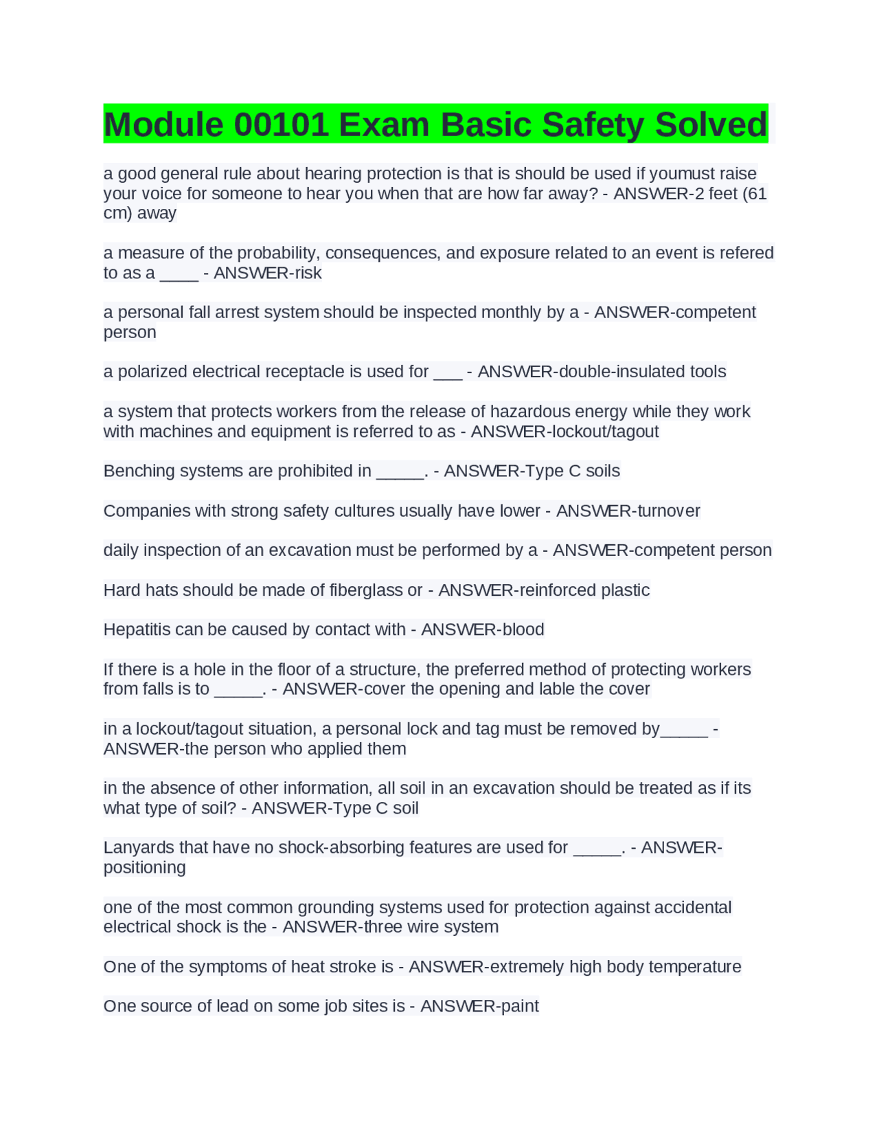 Module 00101 Exam Basic Safety Solved | Exams Advanced Education 