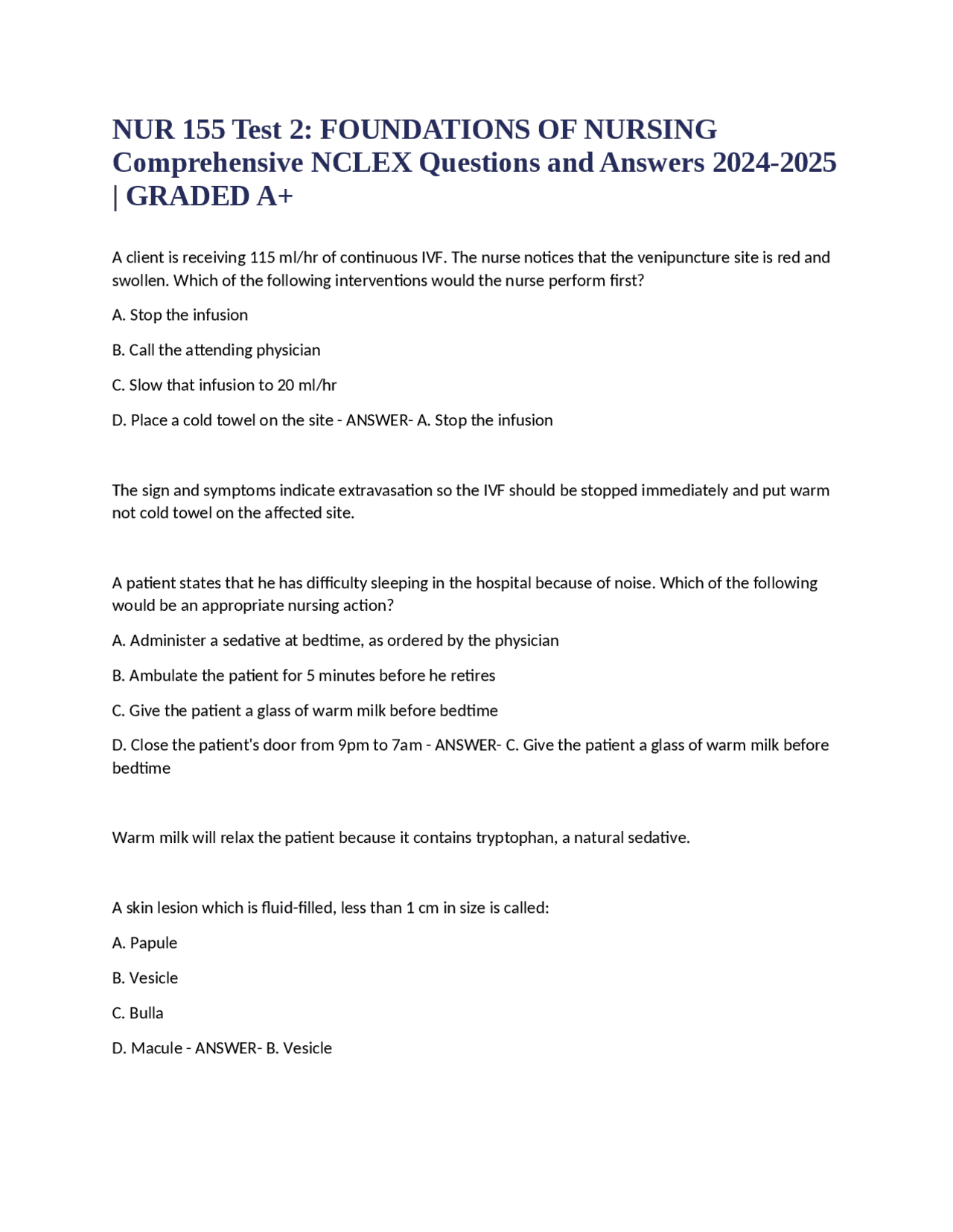 NUR 155 Test 2: FOUNDATIONS OF NURSING Comprehensive NCLEX Questions ...