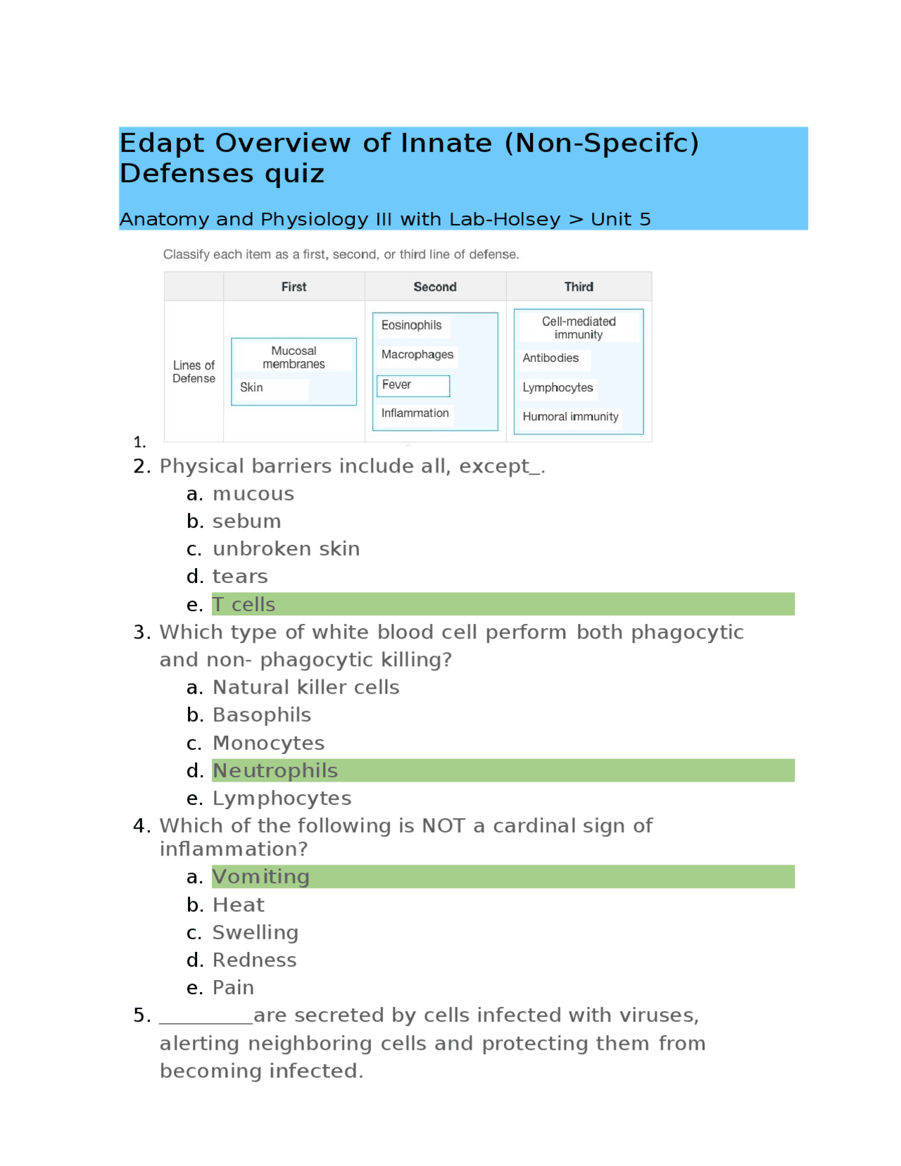 BIOS 255 Week 5 Concepts; The Immune System (Edapt Innate Defenses Quiz ...