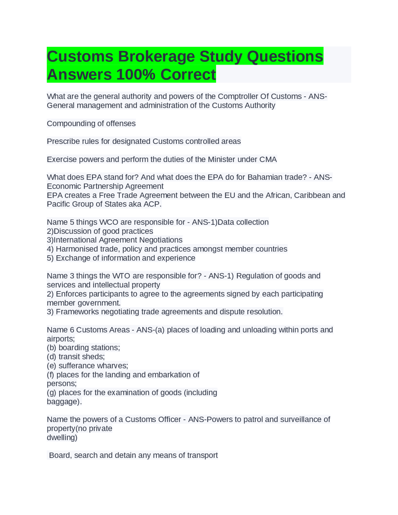 Customs Brokerage Study Questions Answers 100% | Exams Business ...