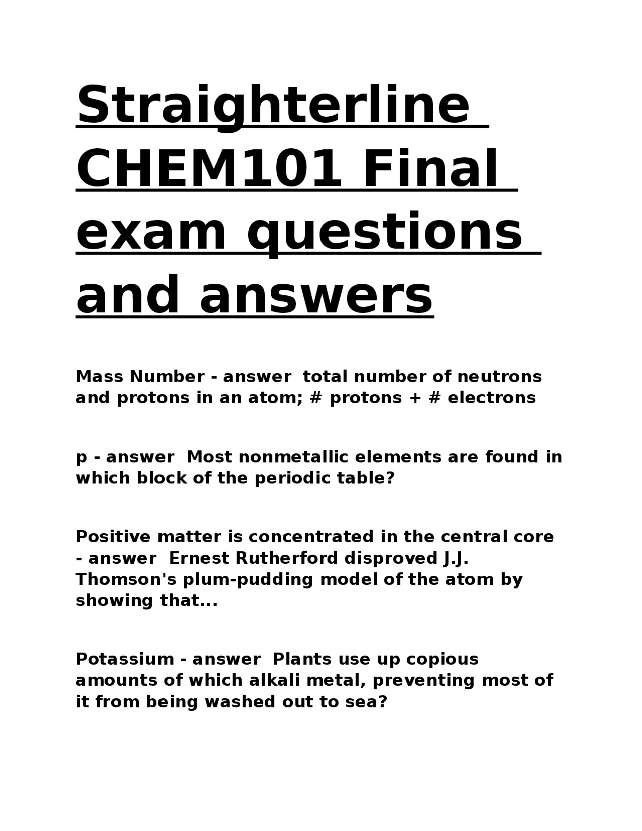 Straighterline CHEM101 Final exam questions and answers | Exams Biology ...
