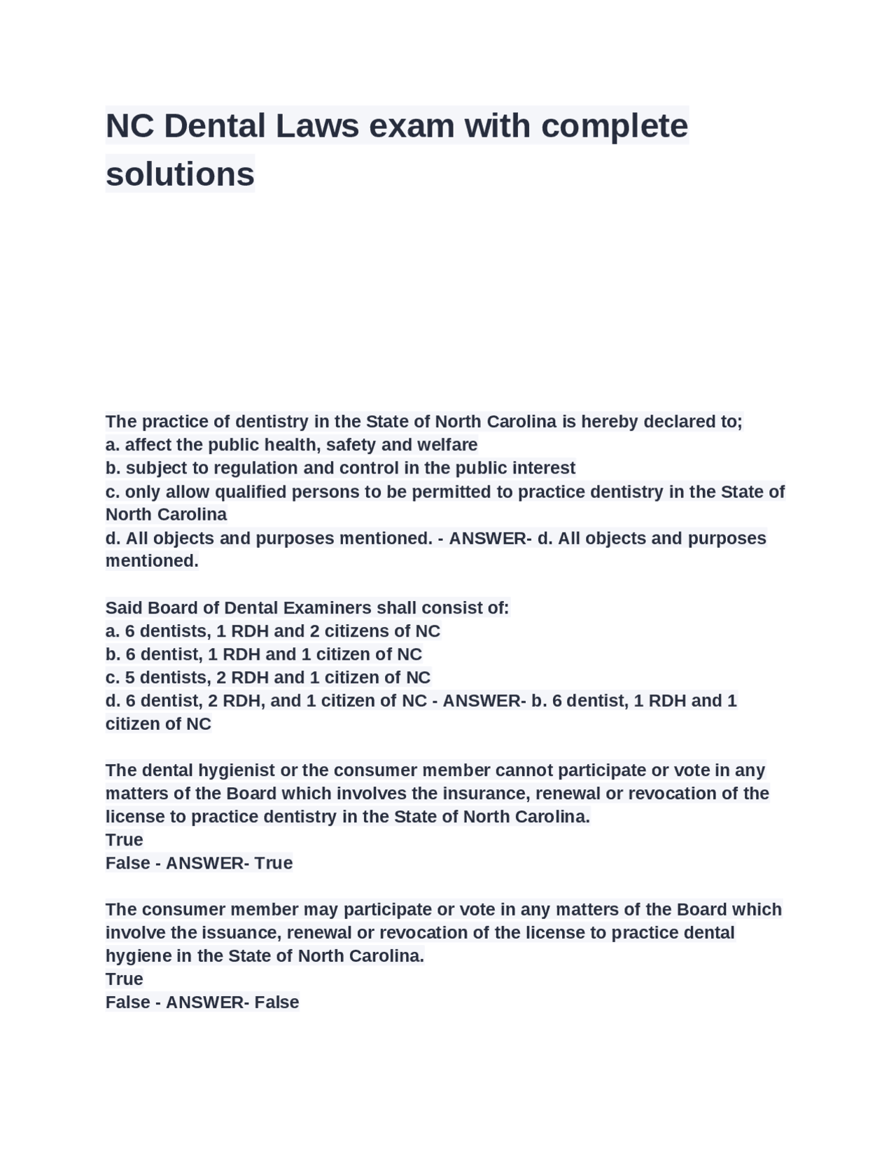 NC Dental Laws exam with complete solutions | Exams Dental surgery ...