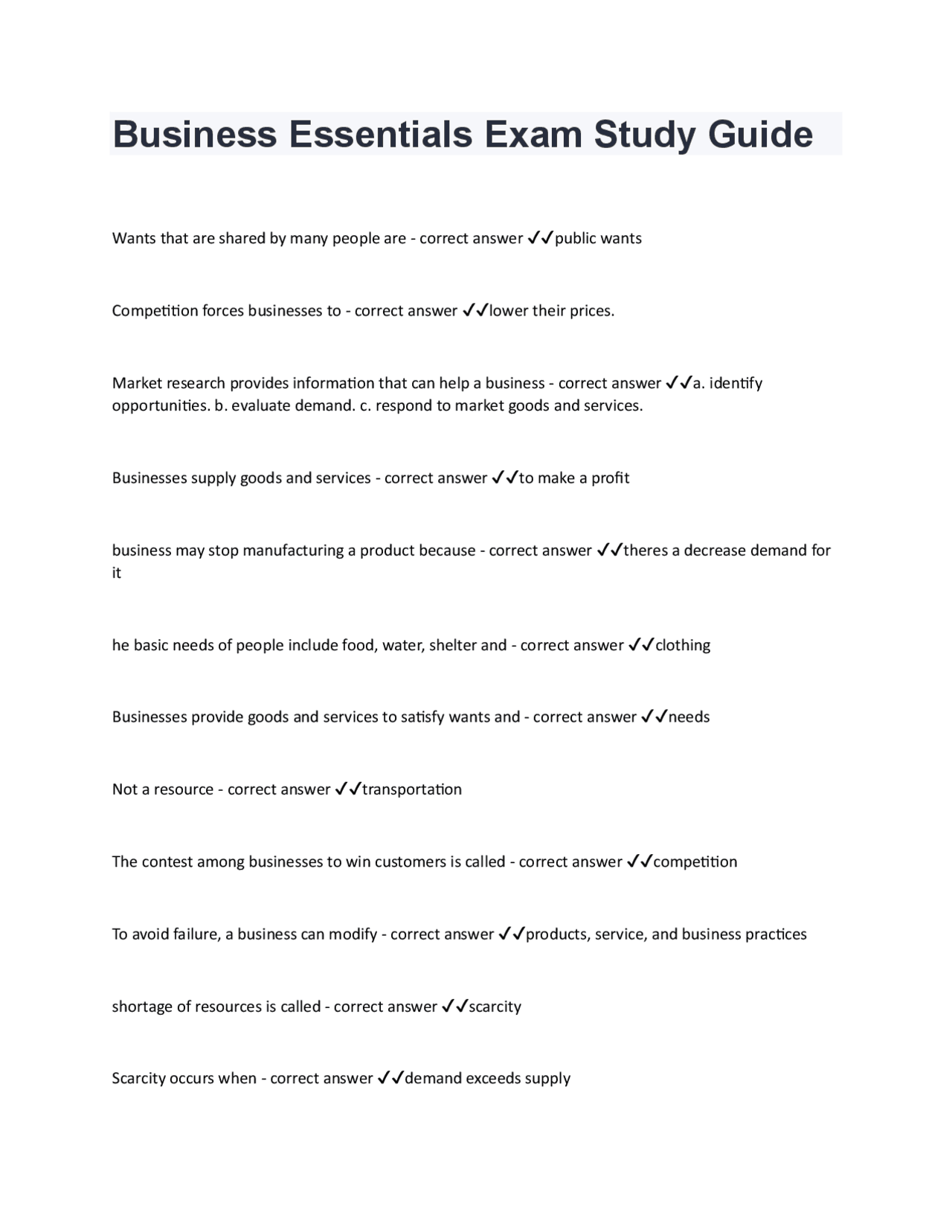 Business Essentials Exam Study Guide questions with answers | Exams ...