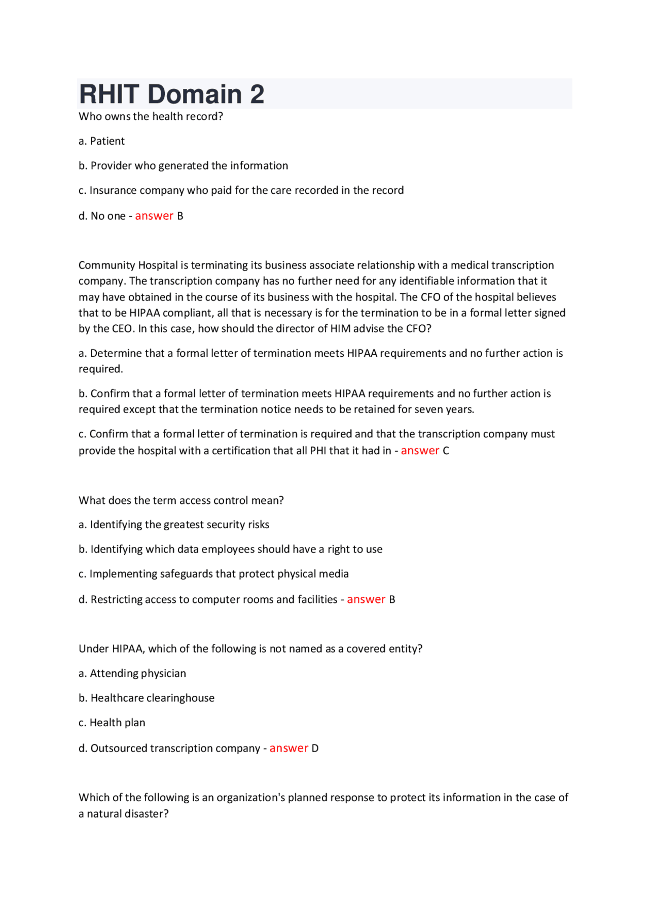 RHIT Domain 2 exam questions and answers | Exams Health sciences | Docsity