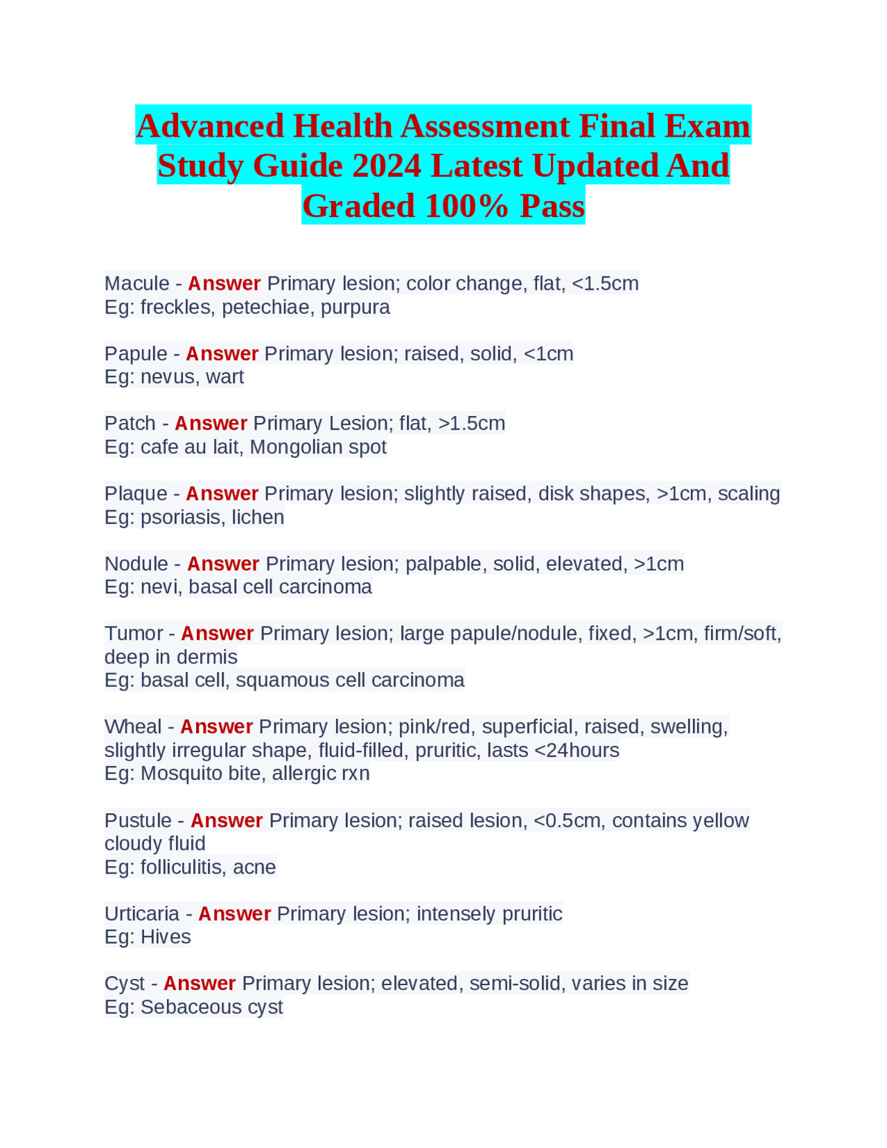 Advanced Health Assessment Final Exam Study Guide 2024 Latest Updated ...
