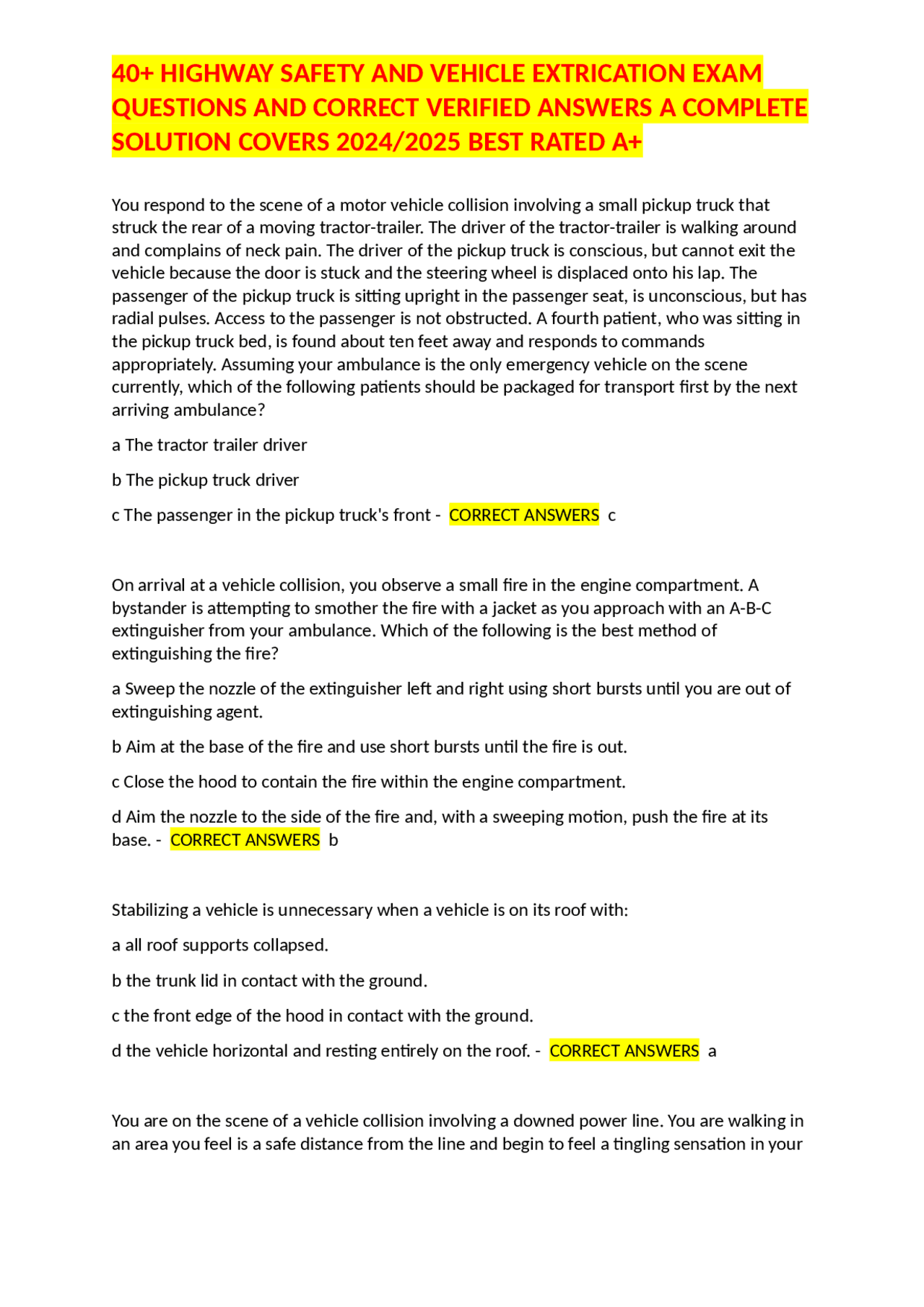 40+ HIGHWAY SAFETY AND VEHICLE EXTRICATION EXAM QUESTIONS AND CORRECT VERIFIED ANSWERS A C ...
