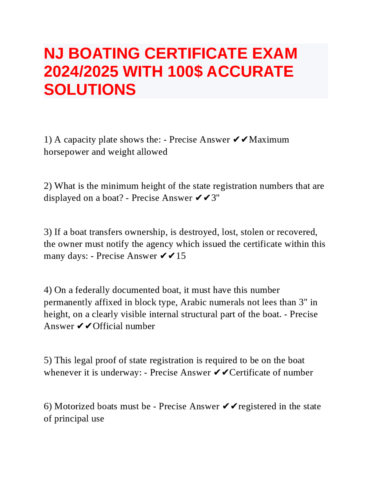 NJ BOATING CERTIFICATE EXAM 2024/2025 WITH 100 ACCURATE SOLUTIONS