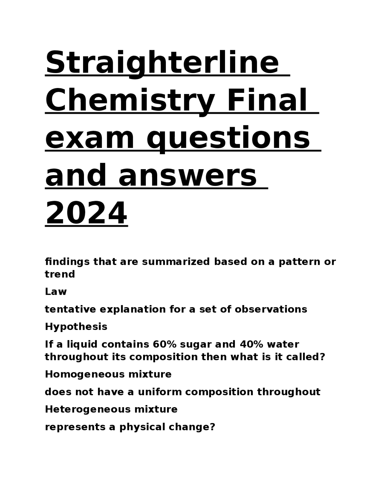 Straighterline Chemistry Final exam questions and answers 2024.docx ...