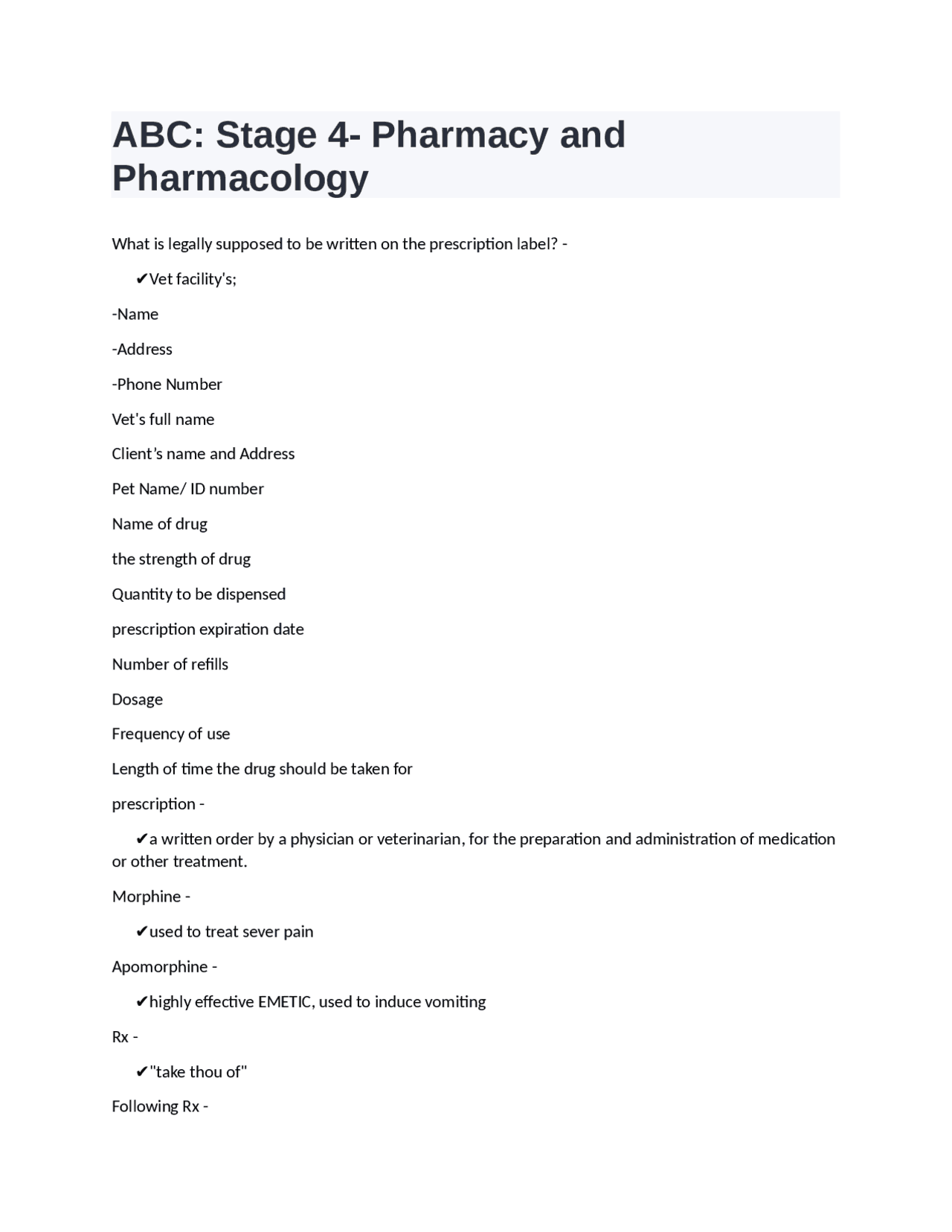 ABC: Stage 4- Pharmacy and Pharmacology | Exams Pharmacology | Docsity