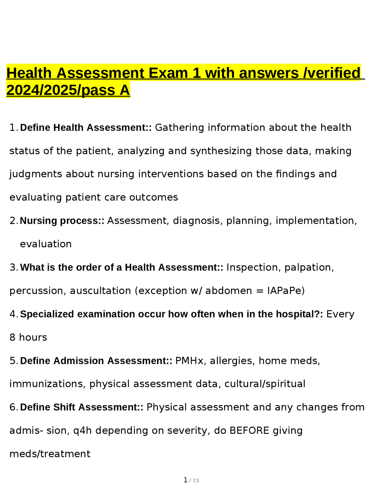 Health Assessment Exam 1 with answers /verified 2024/2025/pass A ...