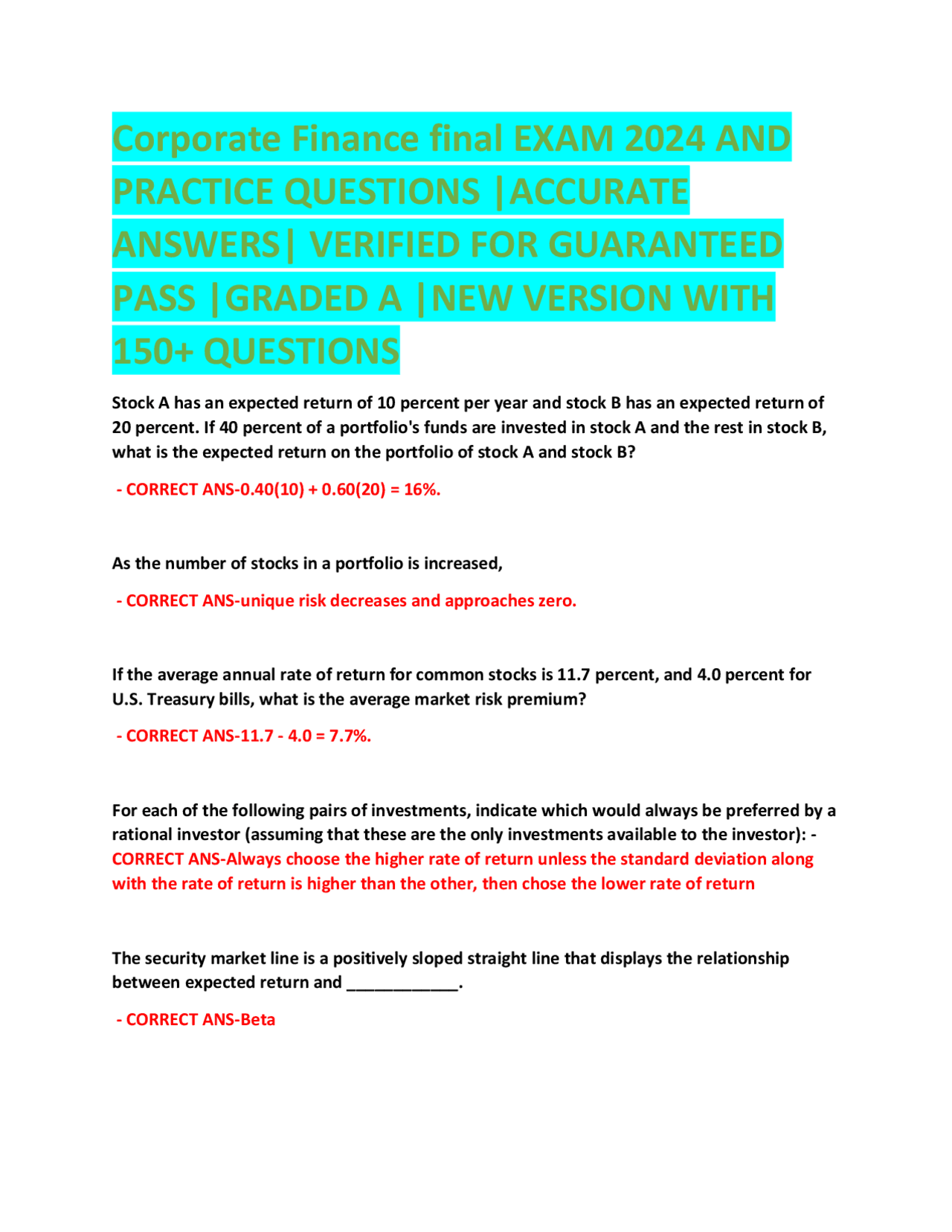 Corporate Finance final EXAM 2024 AND PRACTICE QUESTIONS |ACCURATE ...