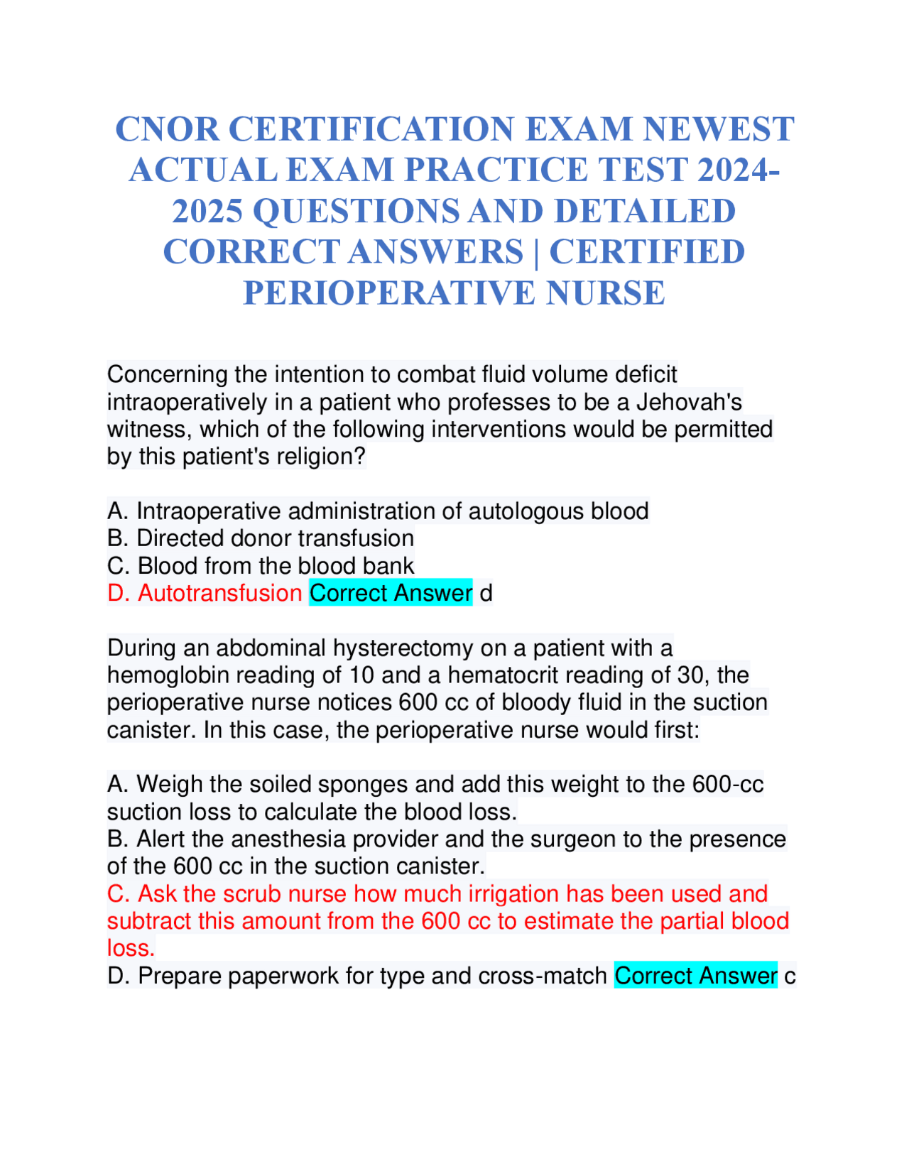 CNOR CERTIFICATION EXAM NEWEST ACTUAL EXAM PRACTICE TEST 2024- 2025 ...
