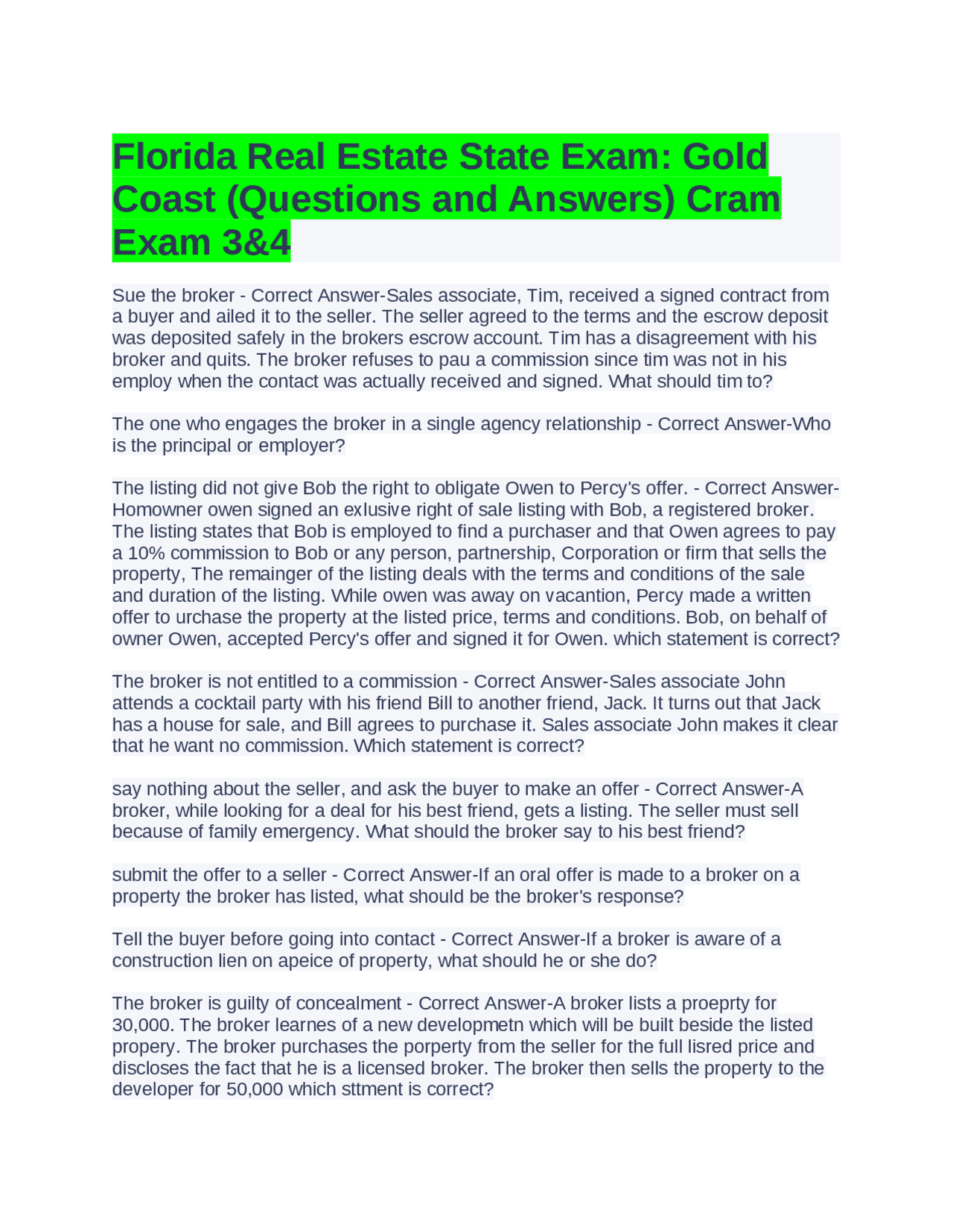 Florida Real Estate State Exam Gold Coast (Questions and Answers) Cram