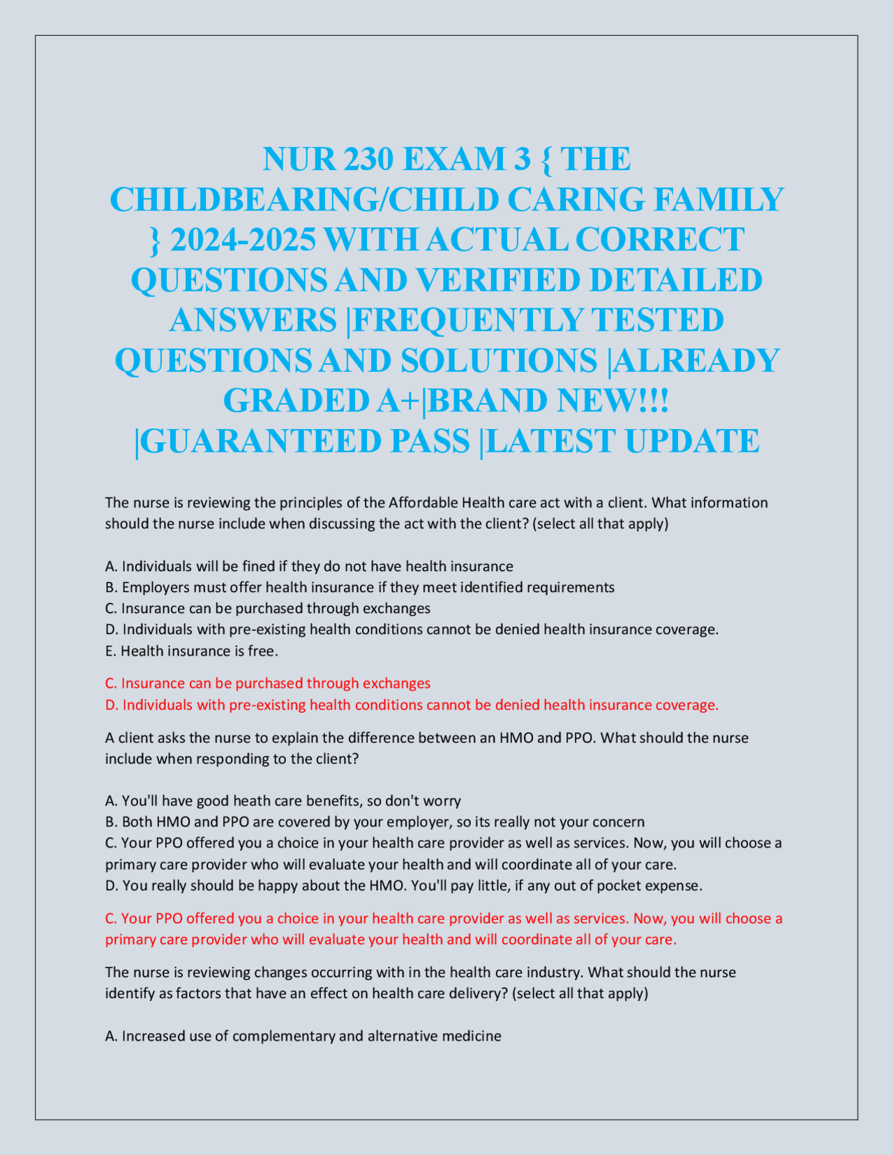 NUR 230 EXAM 3 { THE CHILDBEARING/CHILD CARING FAMILY } | Exams Nursing ...