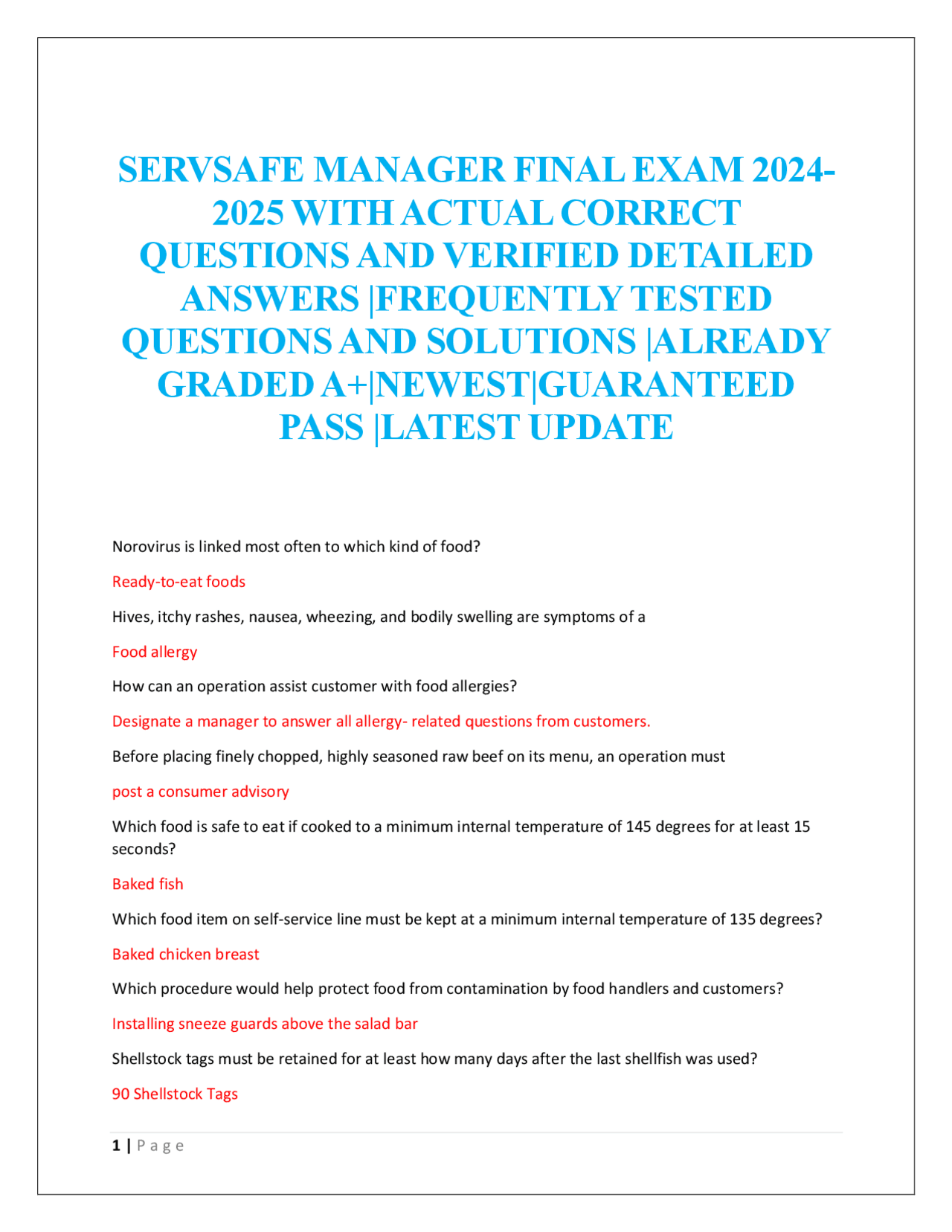 SERVSAFE MANAGER FINAL EXAM | Exams Nursing | Docsity