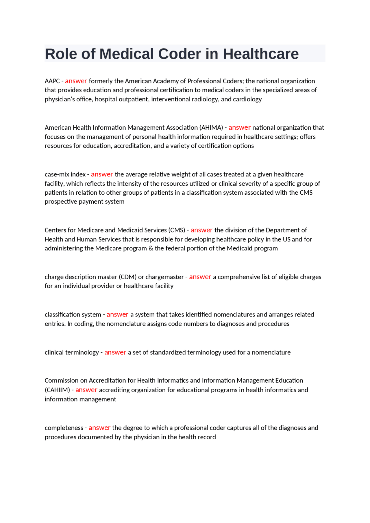 Medcoder Paper Role of Medical Coder in Healthcare | Exams Health sciences | Docsity
