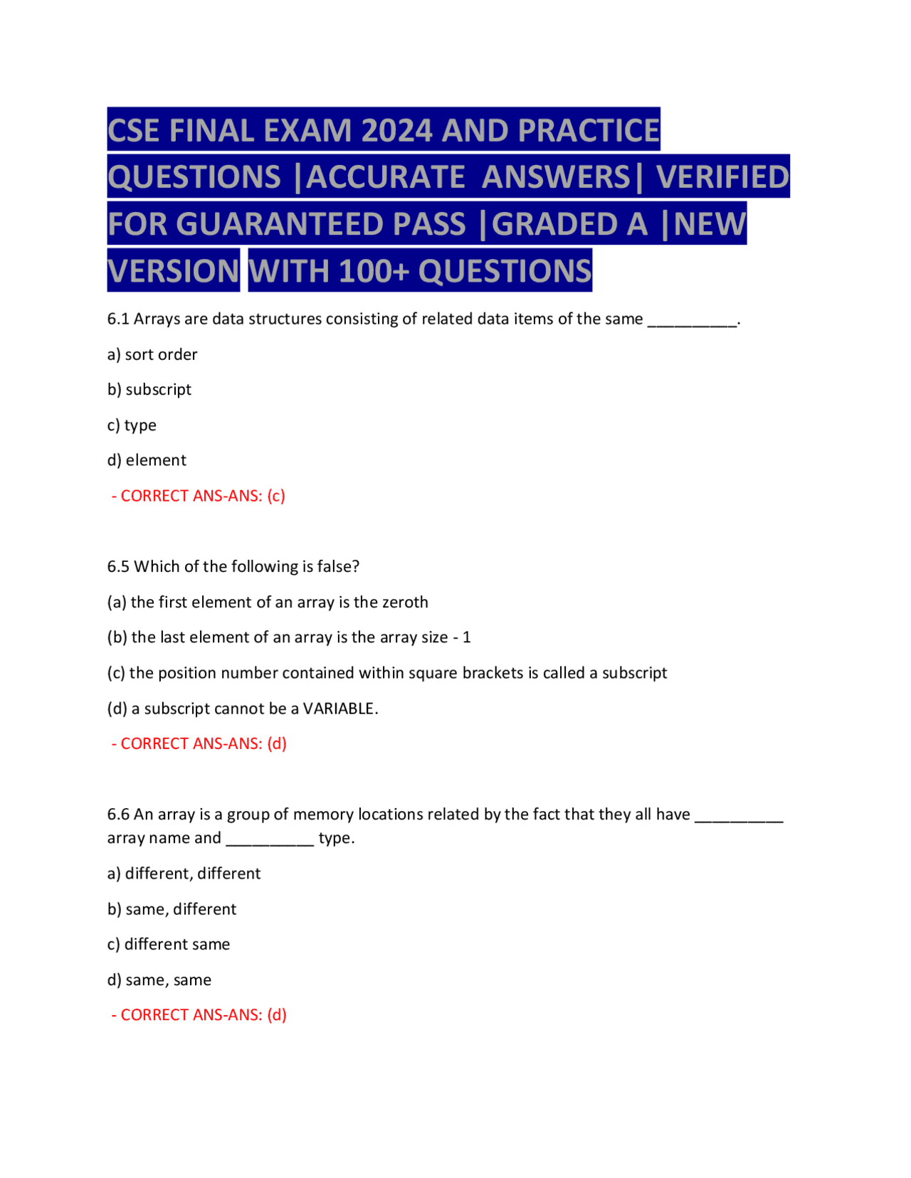 CSE 110 FINAL EXAM 2024 AND PRACTICE QUESTIONS ACCURATE ANSWERS ...