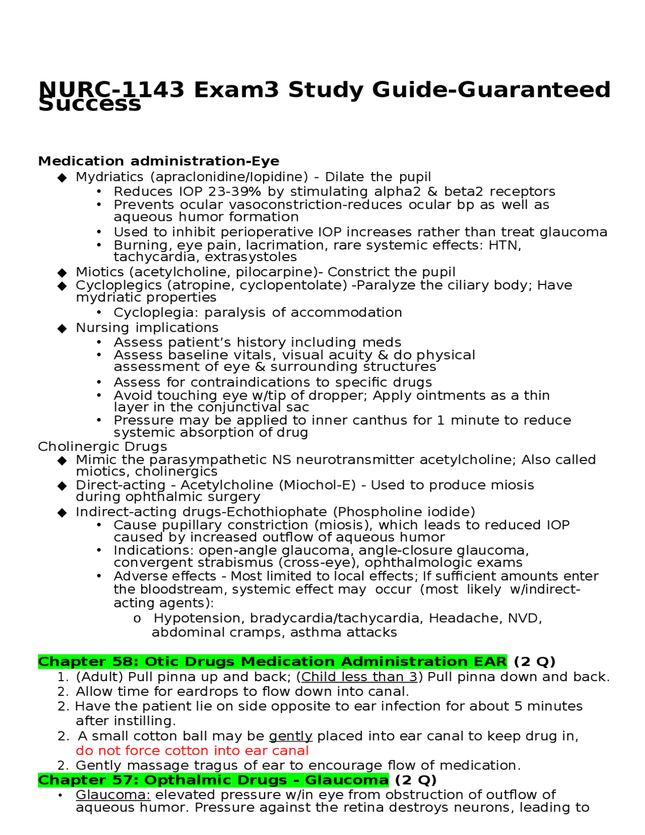 NURC-1143 Exam3 Study Guide-Guaranteed Success | Exams Nursing | Docsity