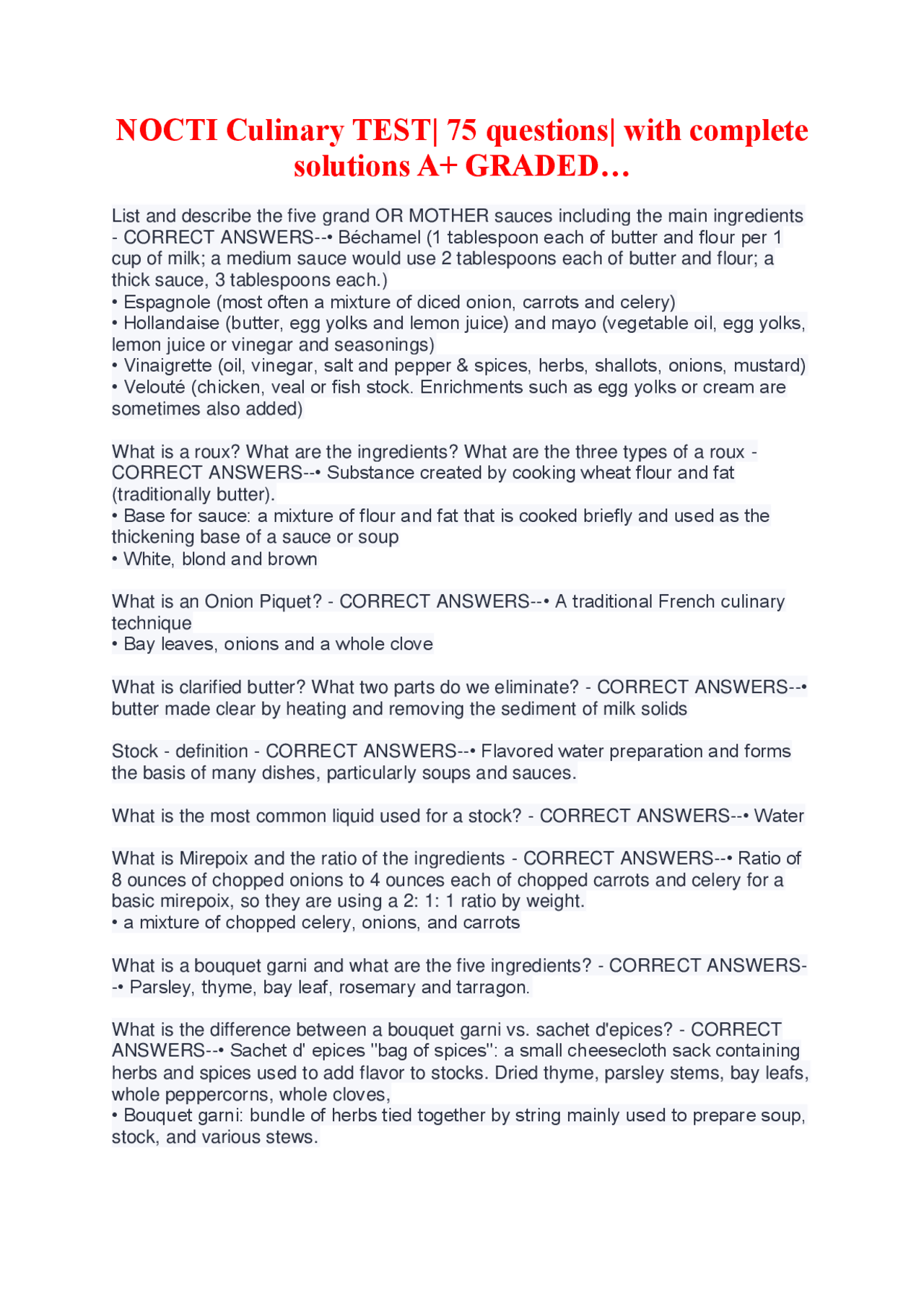 NOCTI Culinary TEST| 75 questions| with complete solutions A+ GRADED ...