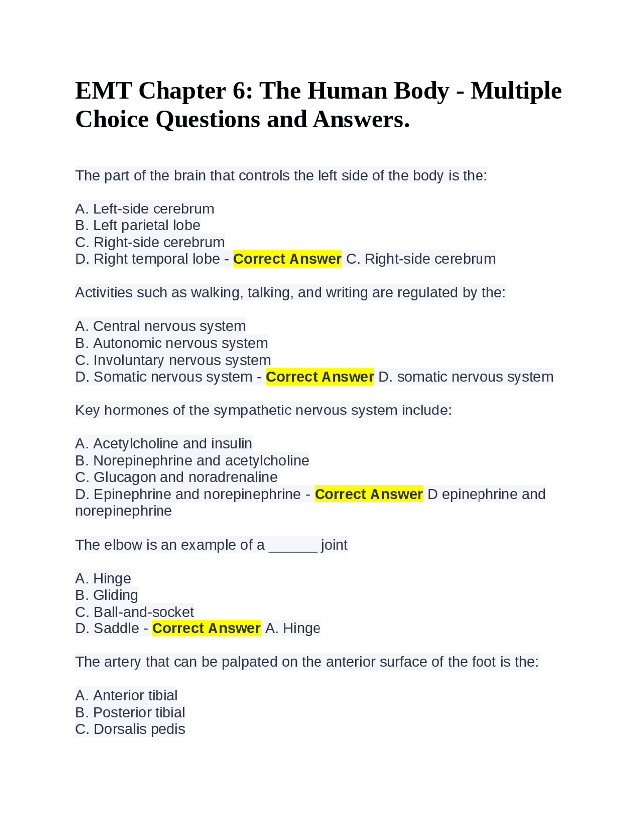 EMT Chapter 6 The Human Body Multiple Choice Questions and Answers