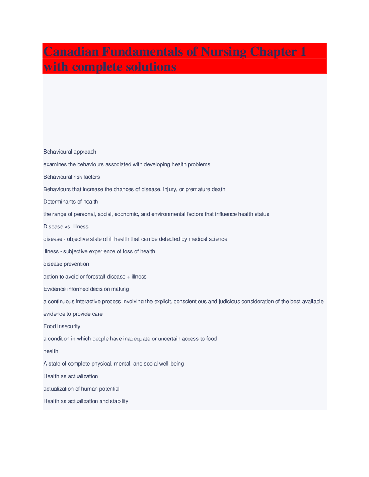 Canadian Fundamentals of Nursing Chapter 1 with complete solutions ...