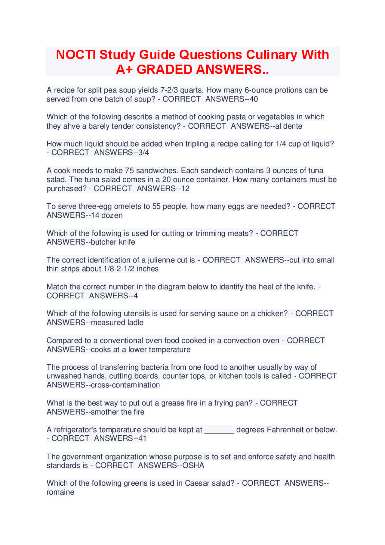 NOCTI Study Guide Questions Culinary With A+ GRADED ANSWERS.. | Exams Culinary Arts | Docsity