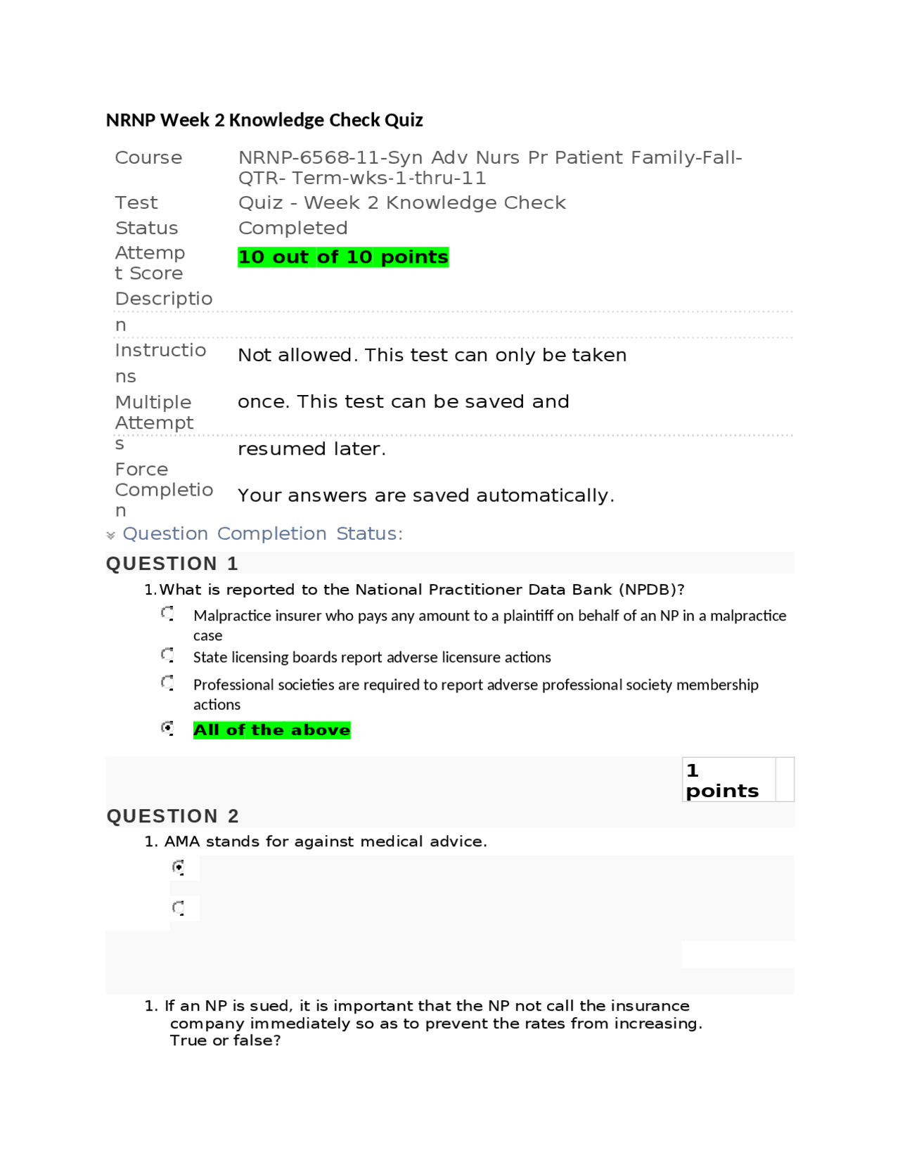 NRNP 6568 Week 2 Quiz - Knowledge Check - 10 out of 10 Points | Exams ...