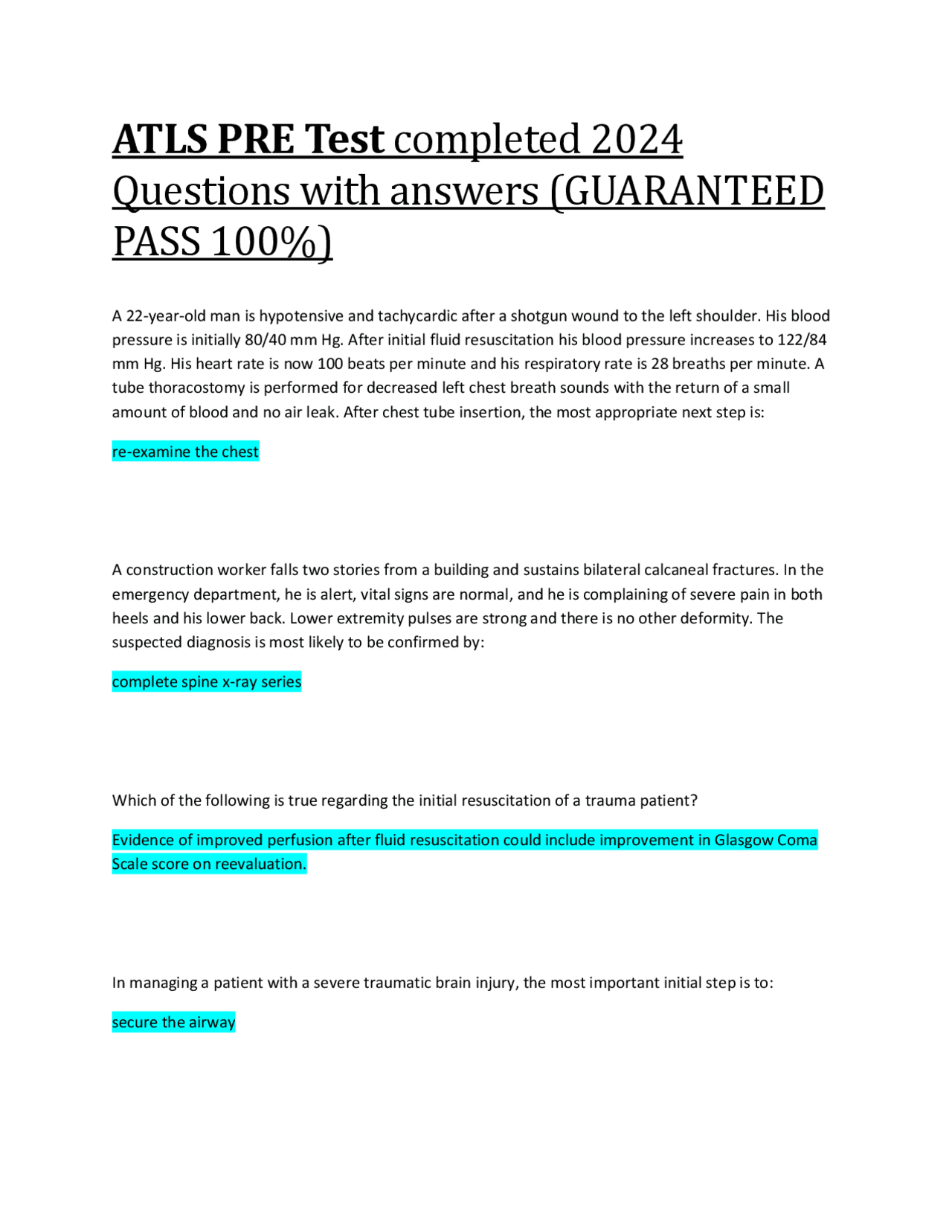 ATLS PRE Test completed 2024 Questions with answers (GUARANTEED PASS ...