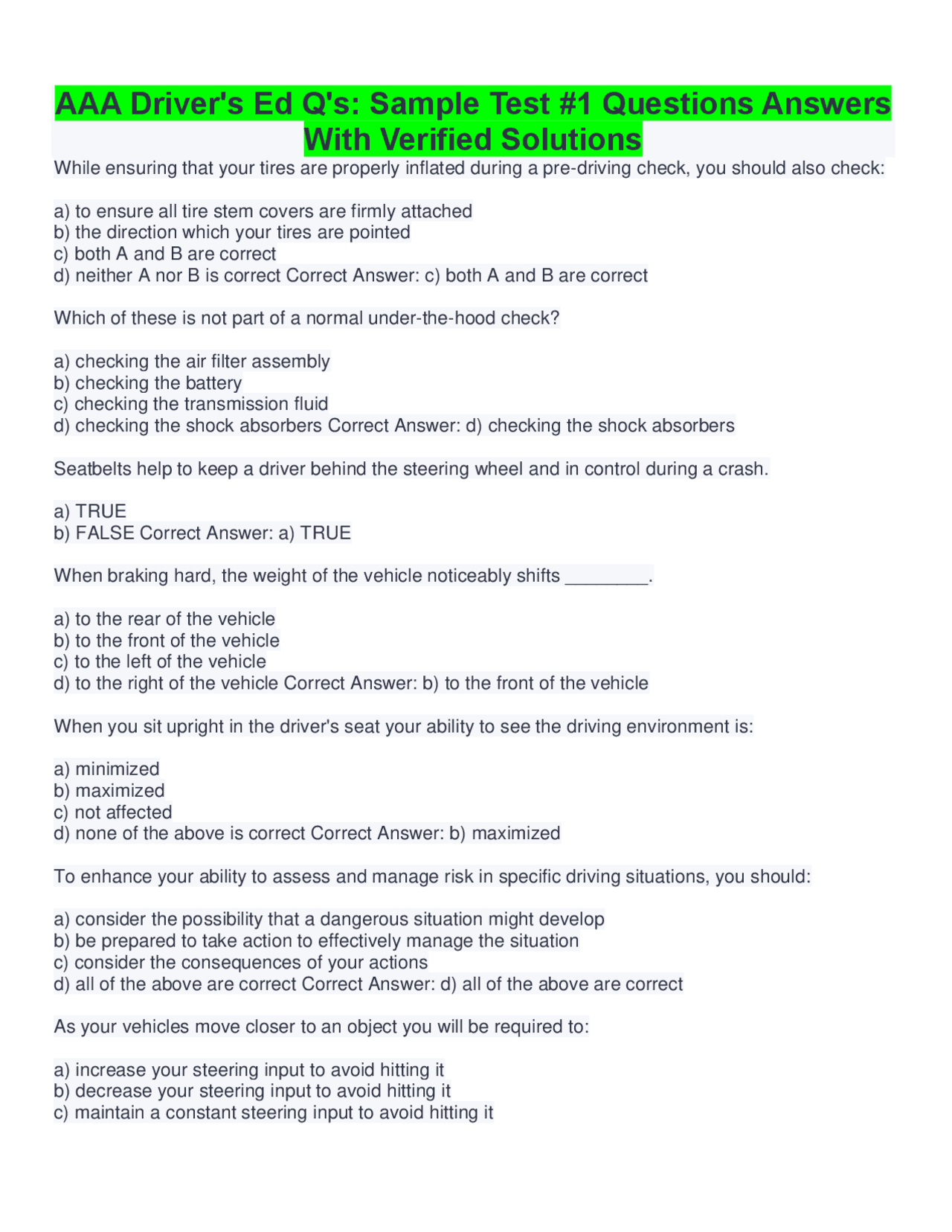 AAA Driver's Ed Q's: Sample Test #1 Questions Answers With Verified ...