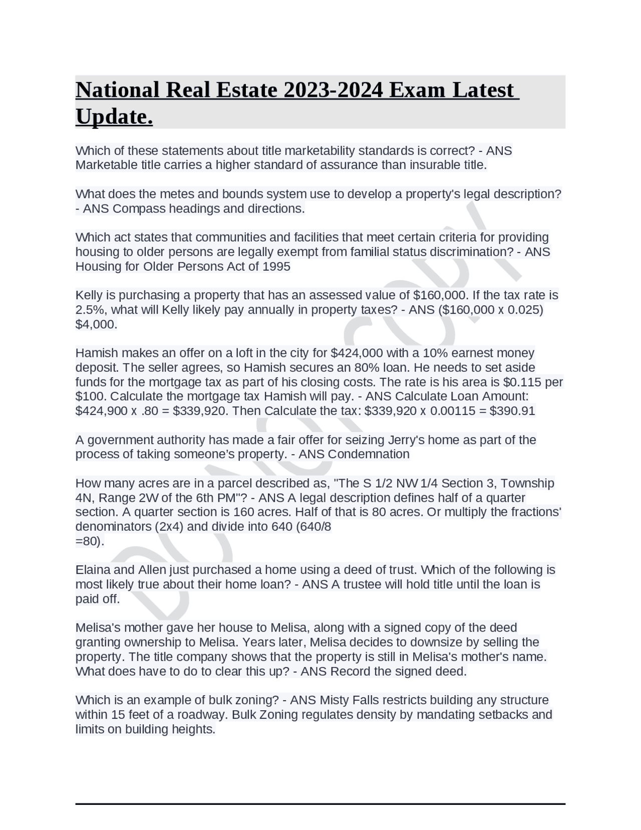 National Real Estate 2023-2024 Exam Latest Update. | Exams Real