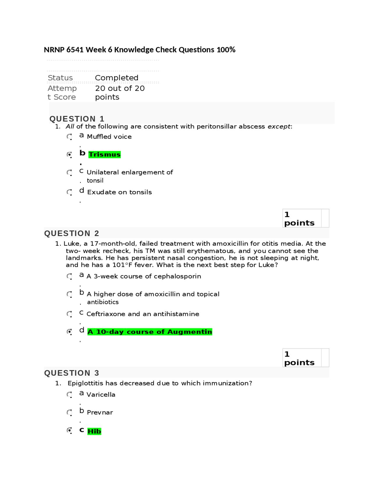 NRNP 6541 Week 6 Quiz - Knowledge Check - 20 out of 20 Points | Exams ...