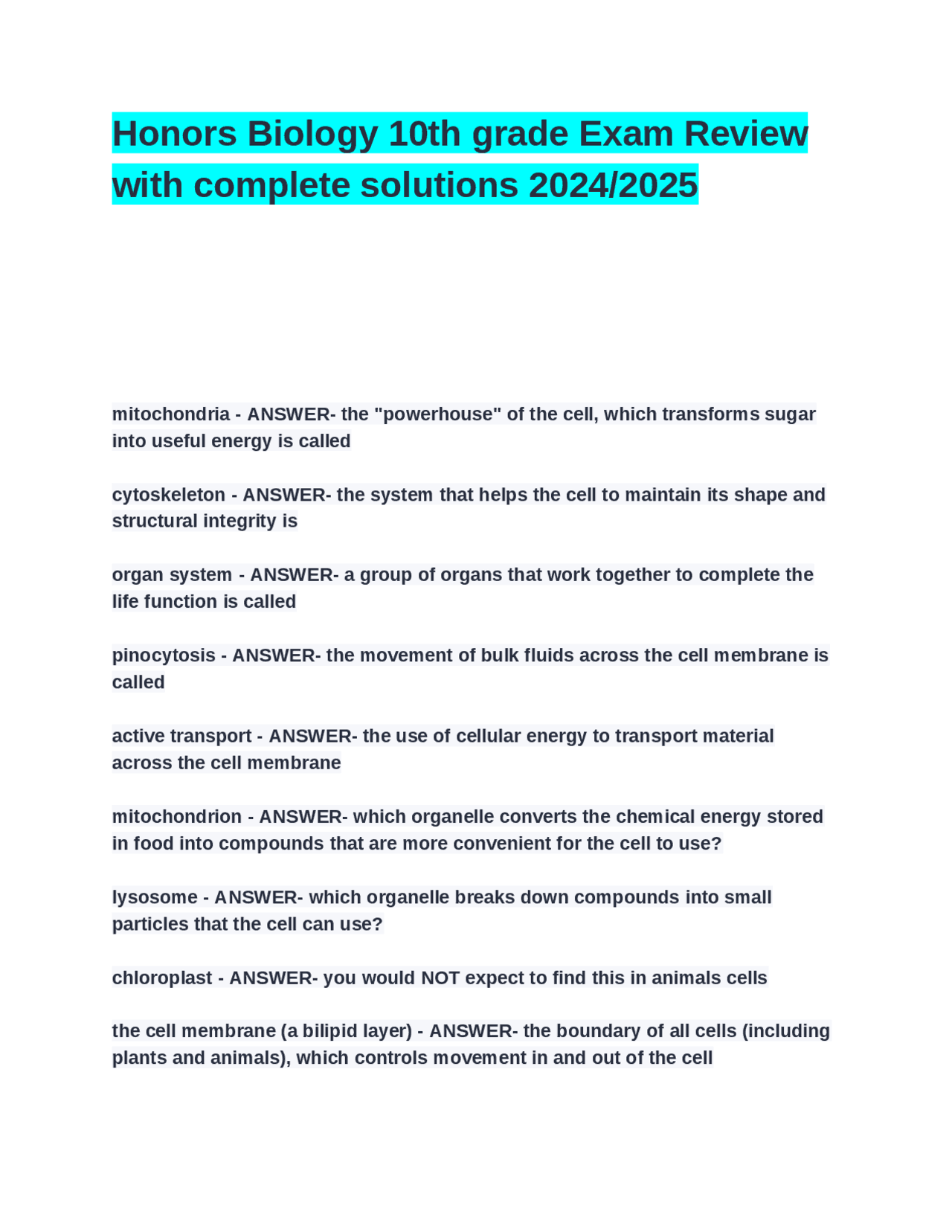 Honors Biology 10th grade Exam Review with complete solutions 2024_2025 ...