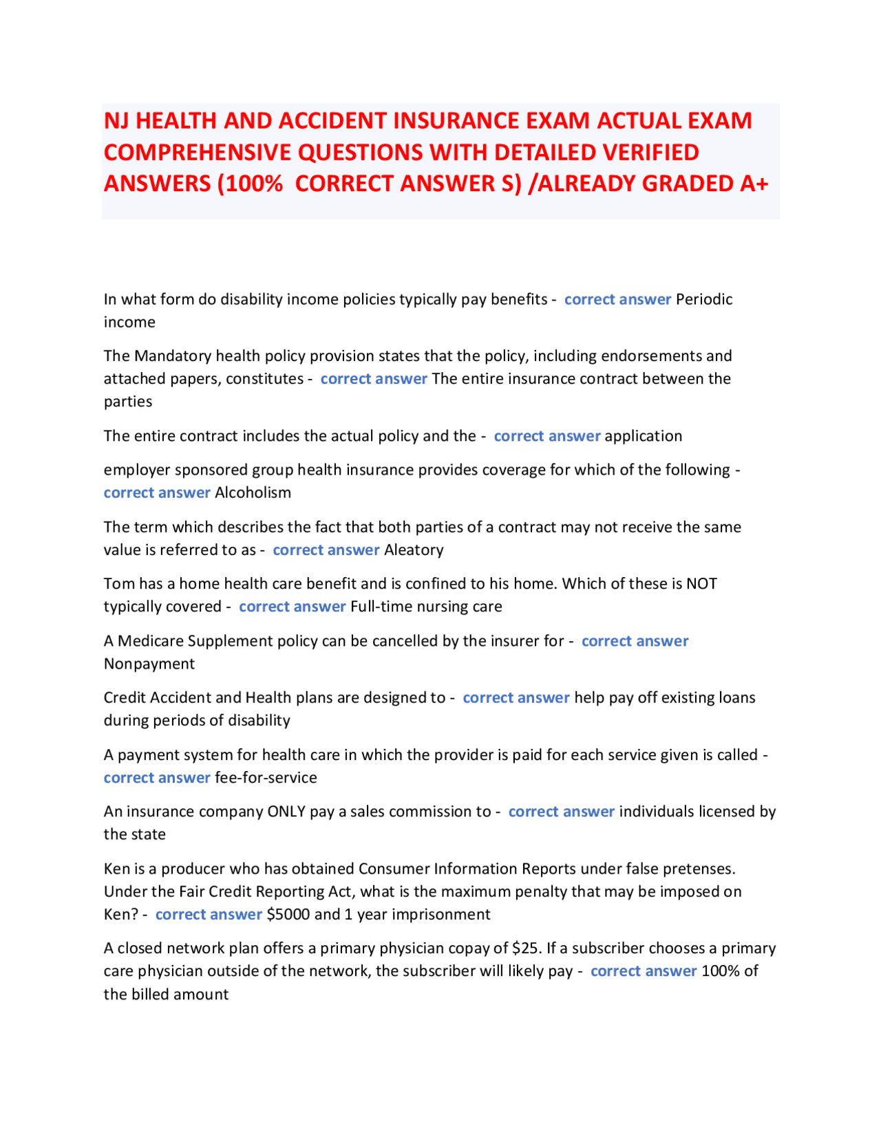 NJ HEALTH AND ACCIDENT INSURANCE EXAM ACTUAL EXAM COMPREHENSIVE 