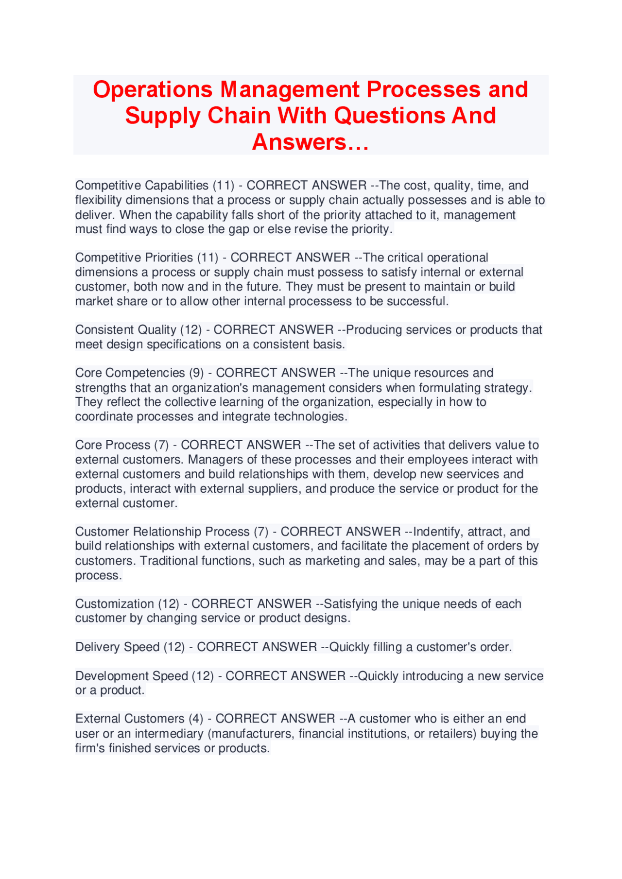 Operations Management Processes and Supply Chain With Questions And ...