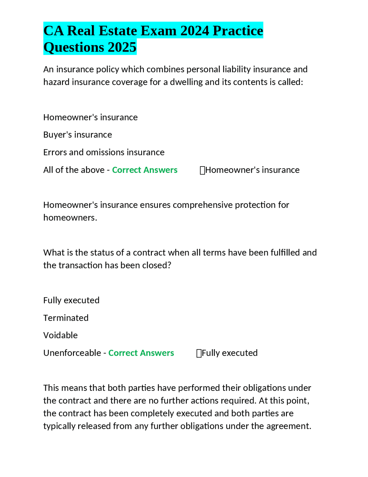 CA Real Estate Exam 2024 Practice Questions 2025 Exams Nursing Docsity