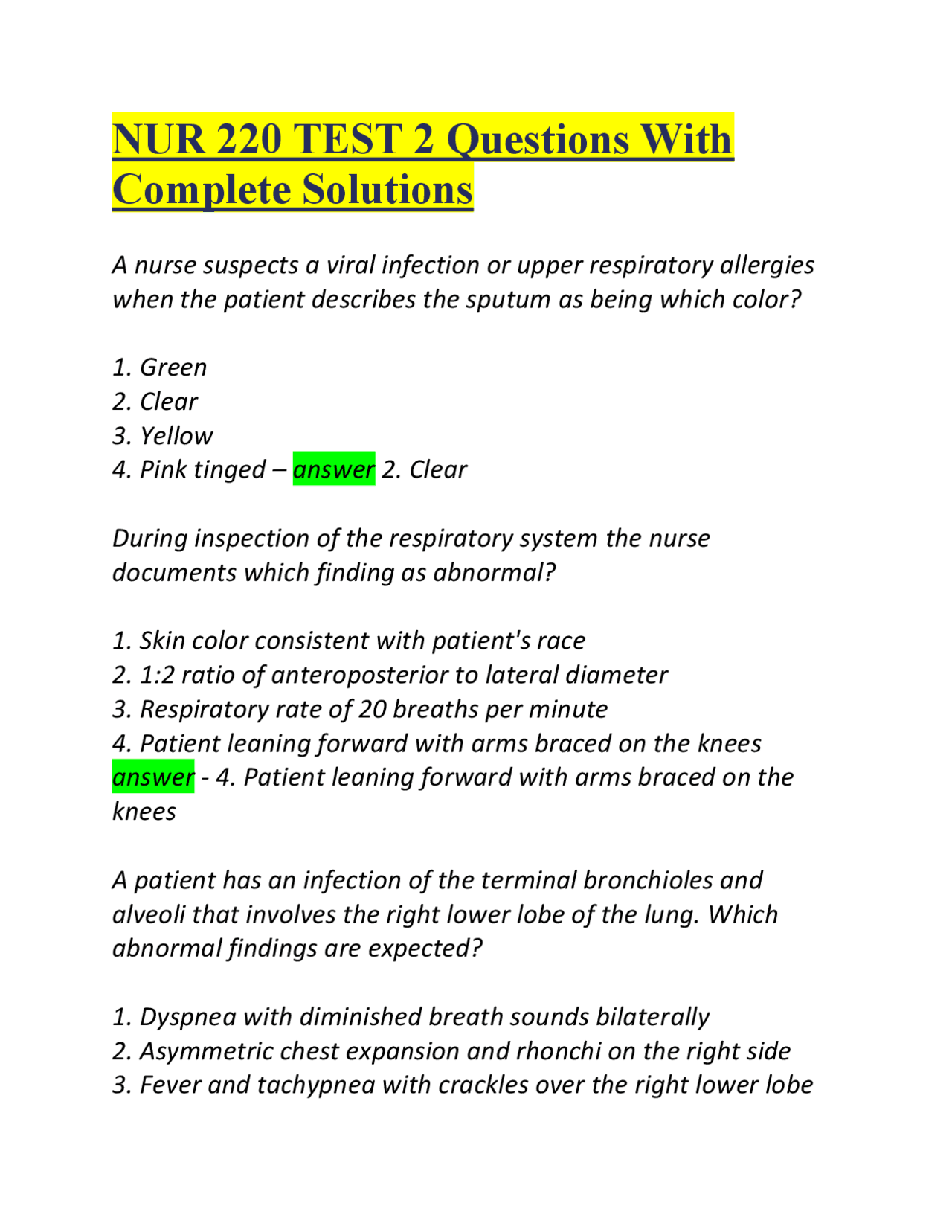NUR 220 TEST 2 Questions With Complete Solutions | Exams Nursing | Docsity