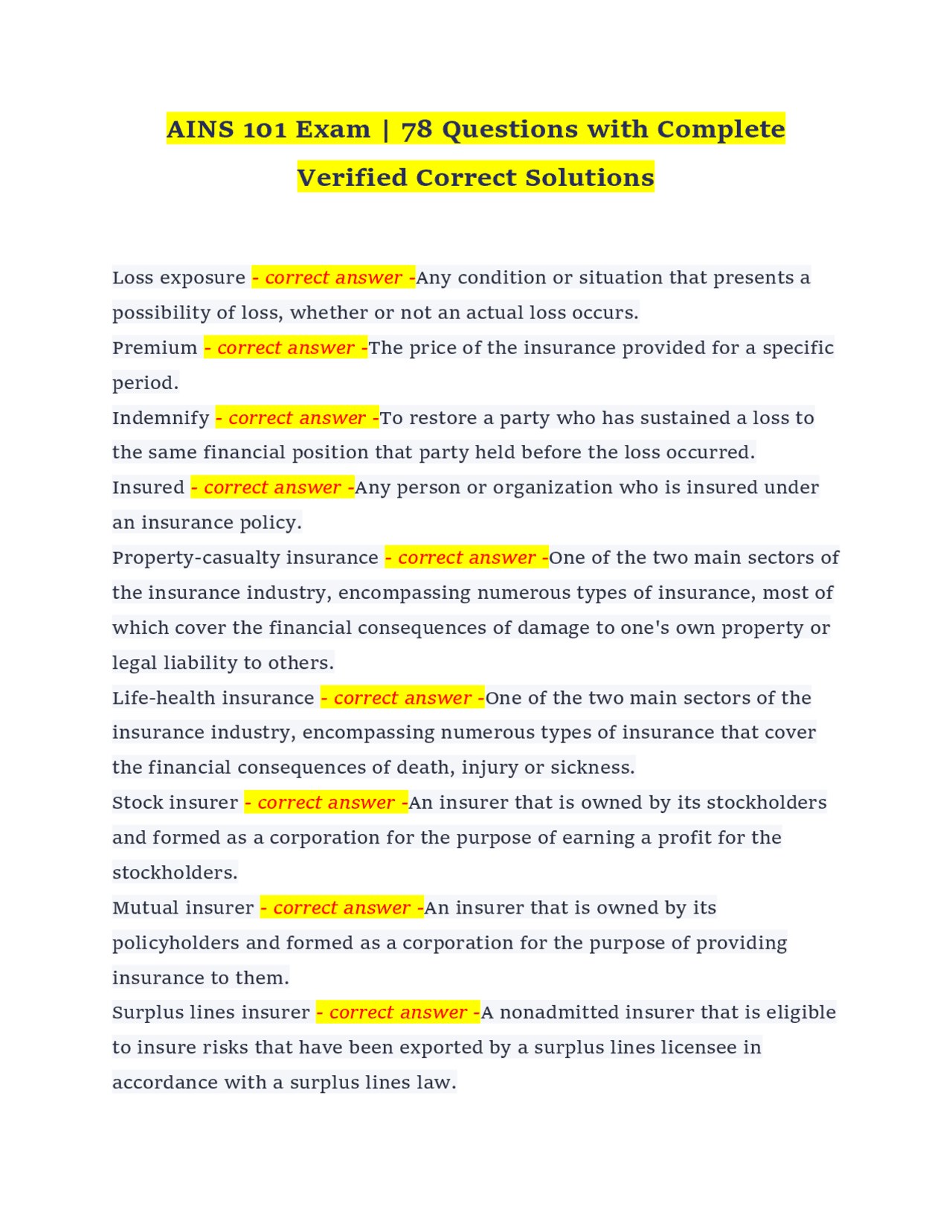AINS 101 Exam: 78 Questions with Complete Verified Correct Solutions ...
