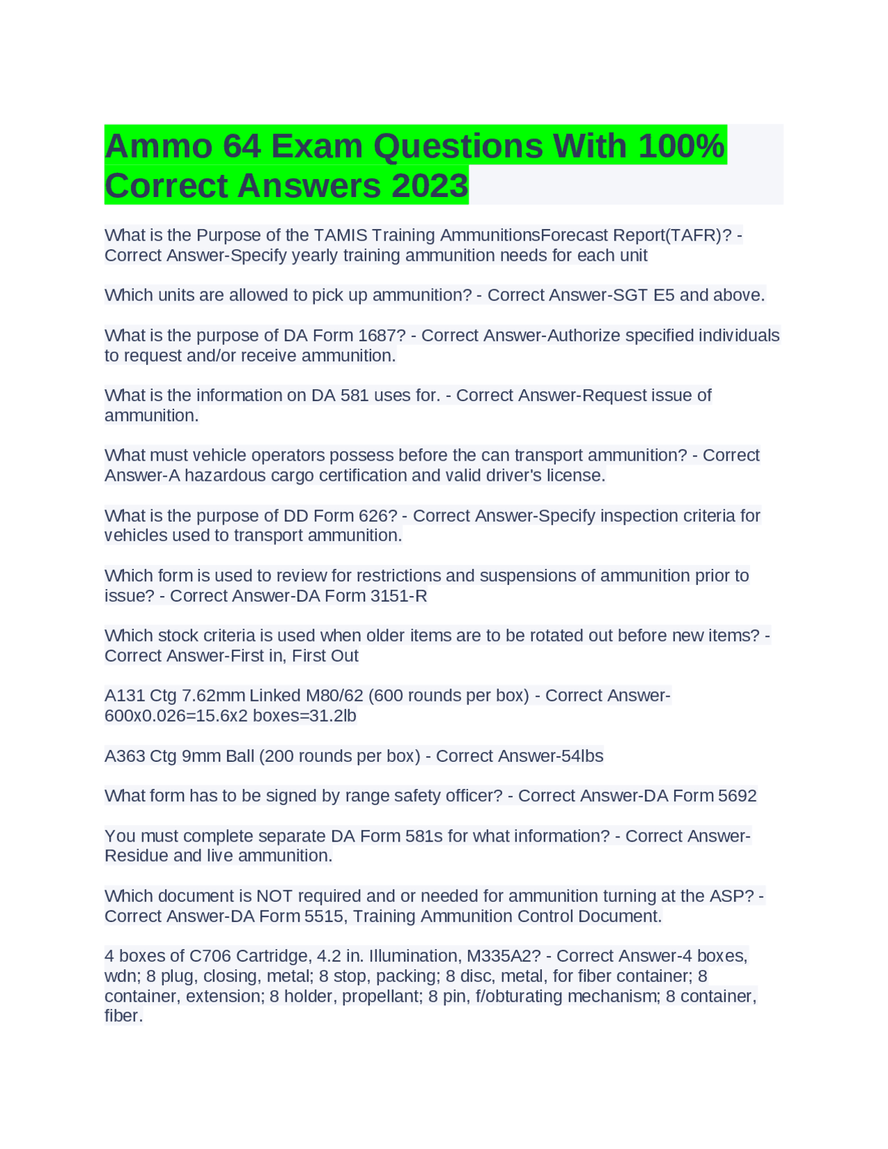Ammo 64 Exam Questions With 100% Correct Answers 2023 | Exams Advanced Education | Docsity ammo-64-exam-questions-with-100-correct-answers-2023-exams-advanced-education-docsity