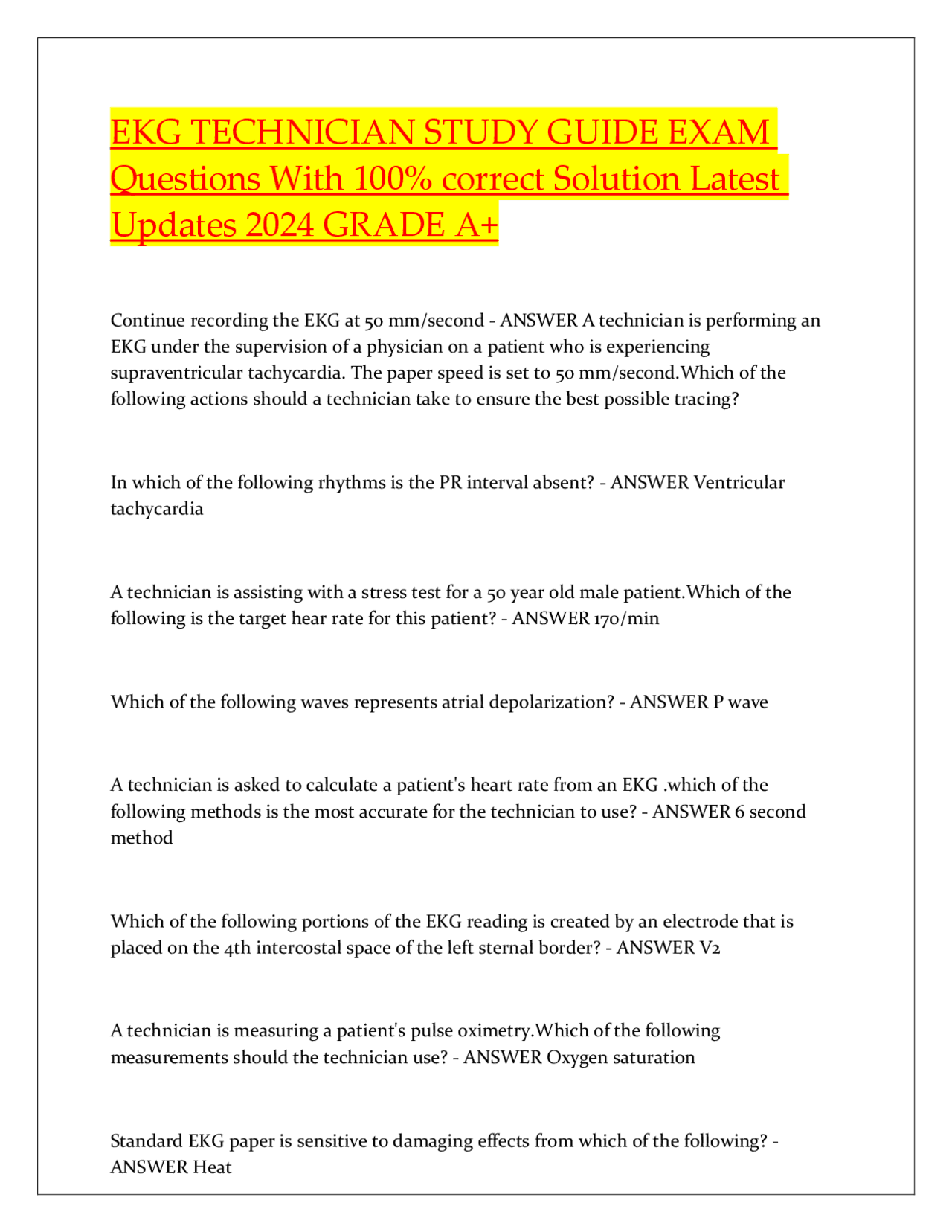 EKG TECHNICIAN STUDY GUIDE EXAM Questions With 100% correct Solution ...