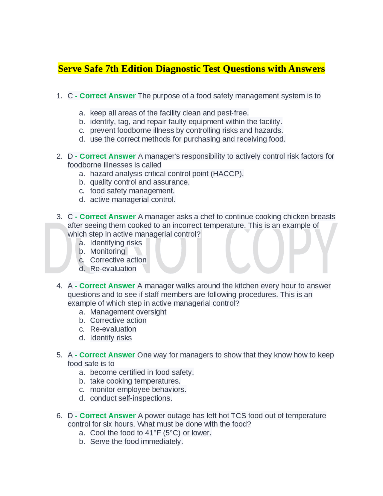 Serve Safe 7th Edition Diagnostic Test Questions with Answers | Exams ...