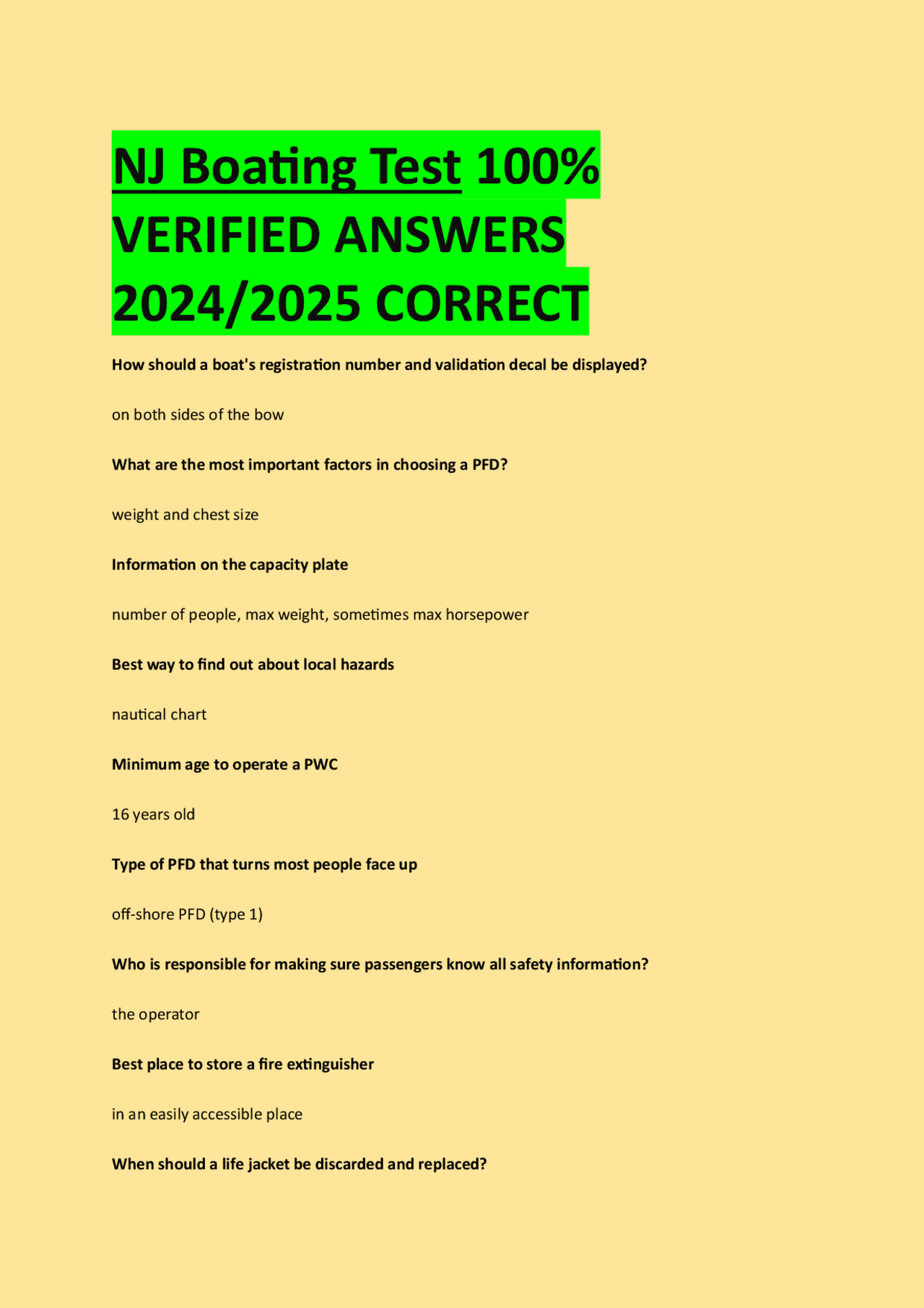 NJ Boating Test 100 VERIFIED ANSWERS 2024/2025 CORRECT Exams