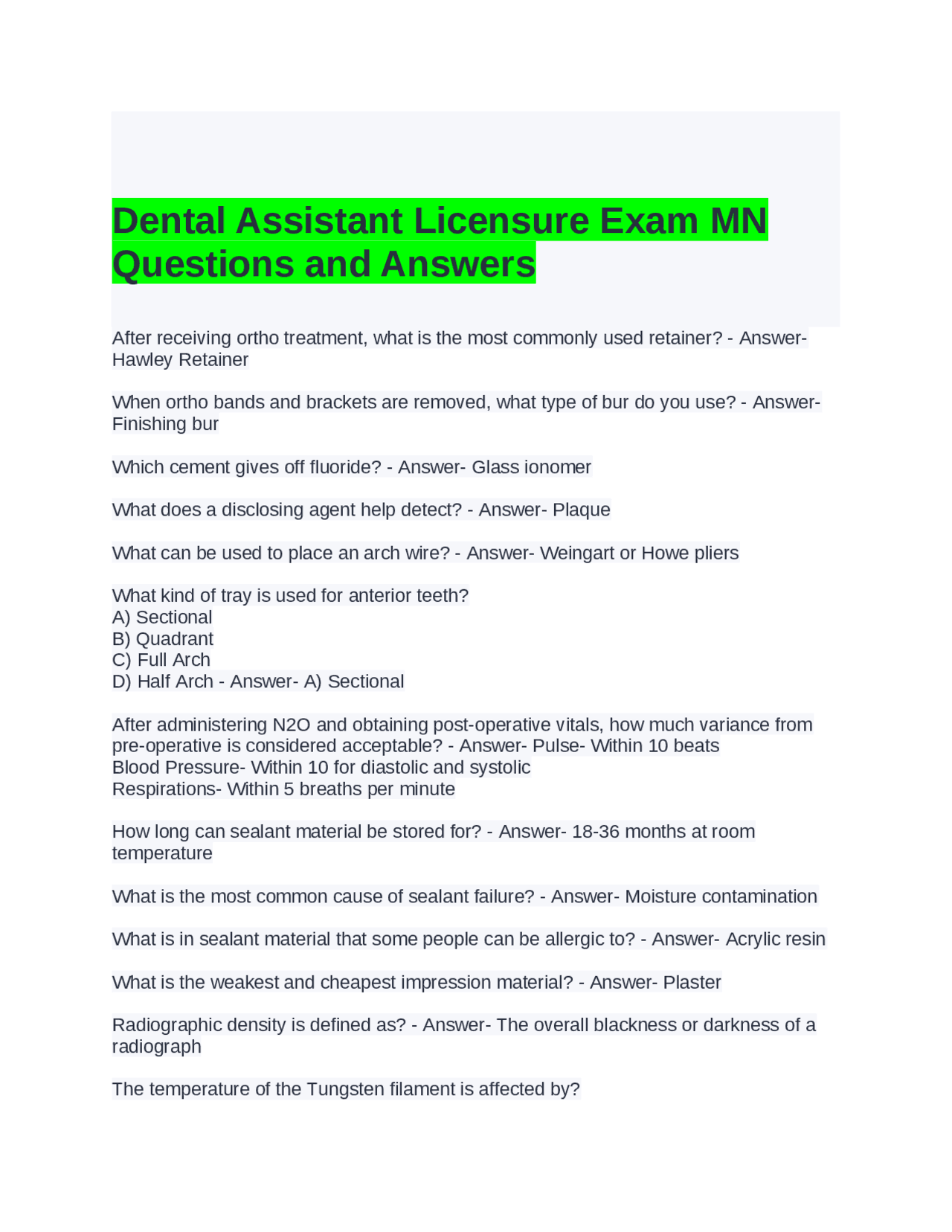 Dental Assistant Licensure Exam MN Questions and Answers Exams