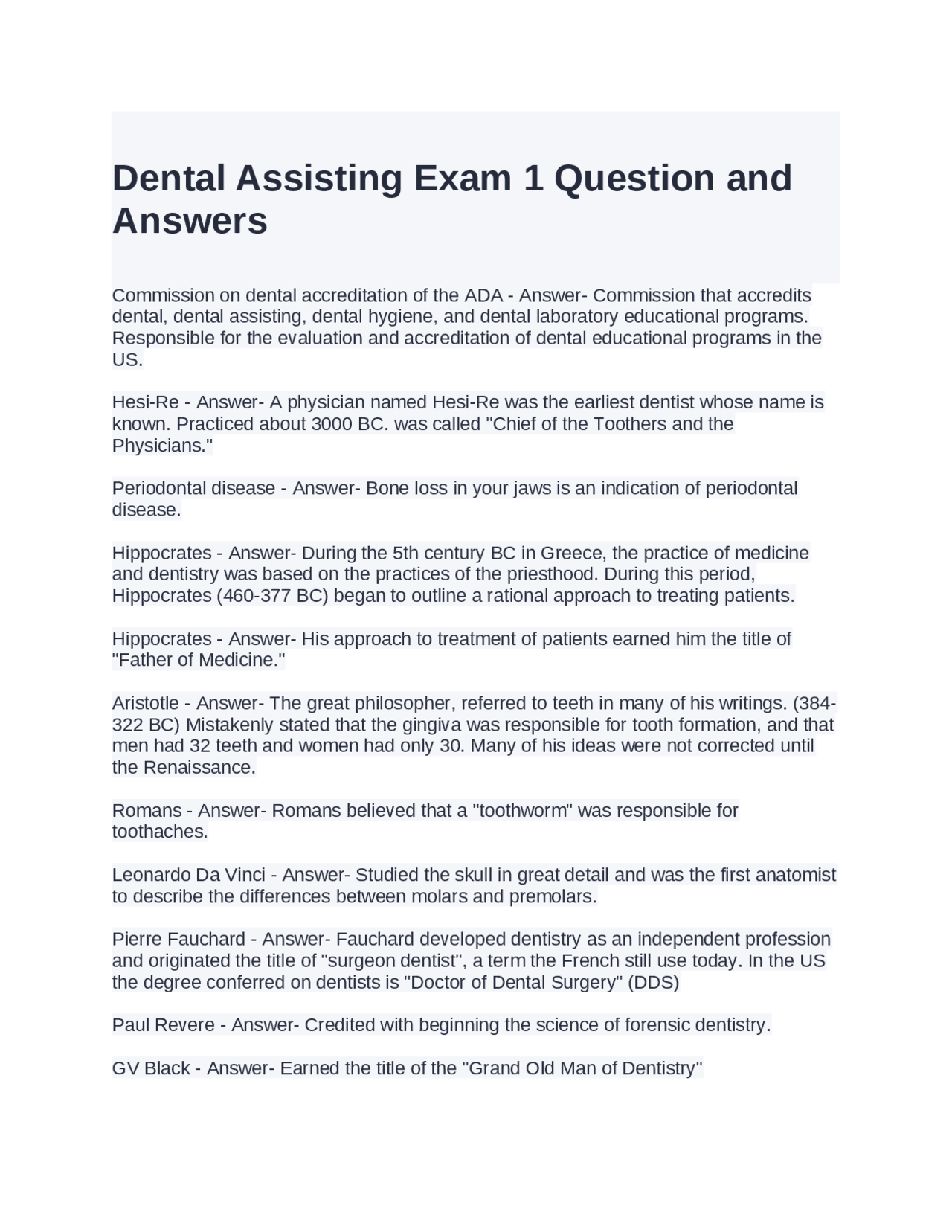 Dental Assisting Exam 1 Questions and Answers | Exams Nursing | Docsity