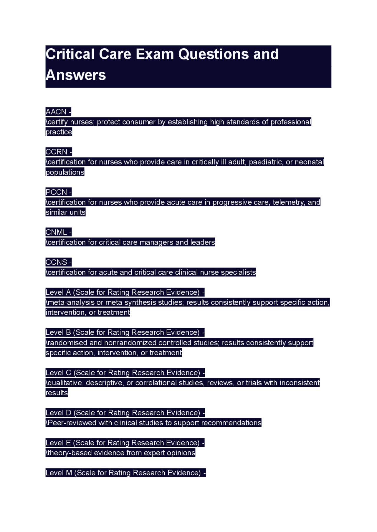 Critical Care Exam Questions and Answers | Exams Nursing | Docsity