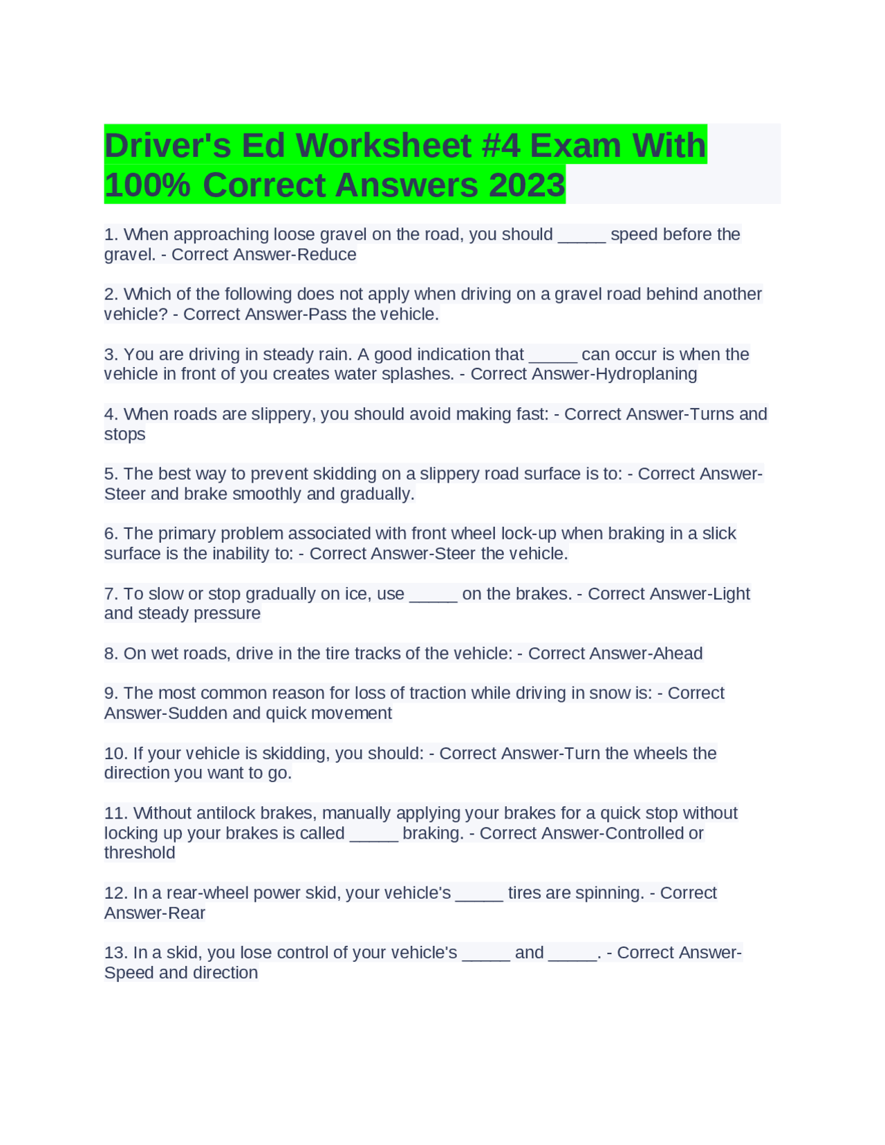 Driver's Ed Worksheet #4 Exam With 100% Correct Answers 2023 | Exams ...