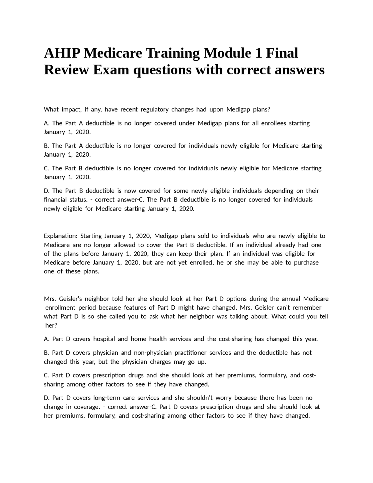 AHIP Medicare Training Module 1 Final Review Exam questions with ...